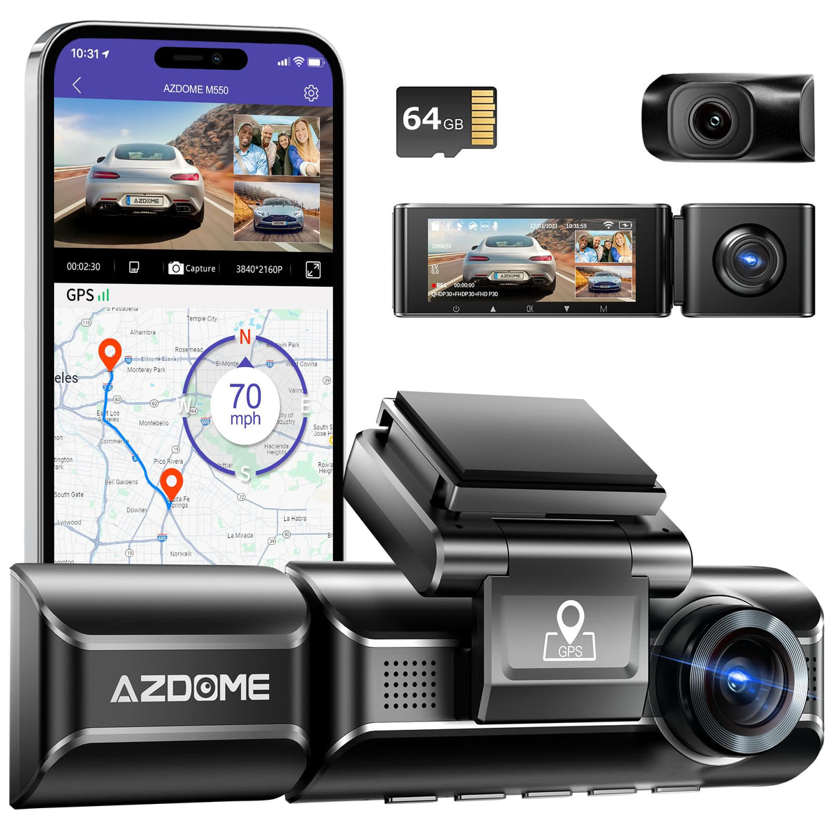 Azdome M550 4K Wifi 3 Channel On Dash Cam, Dual Front And Rear For Car 4K+1080P Free 64Gb Card, Built-In Gps 24H Parking Mode Ir