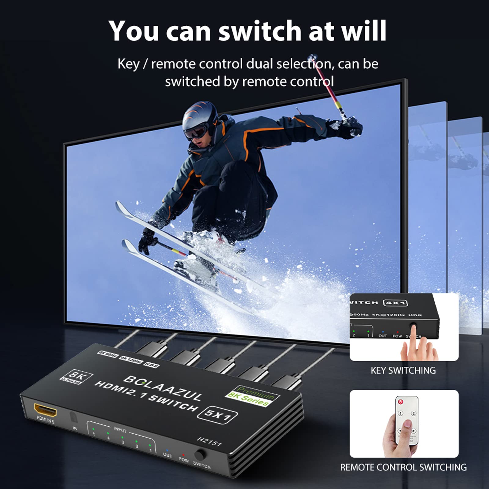 8K Hdmi 2.1 Switch 120Hz 4K 5 In 1 Out, Bolaazul 8K@60Hz Hdmi 2.1 Splitter Switcher Selector Box 5 Port With Remote 4K 120Hz 2K