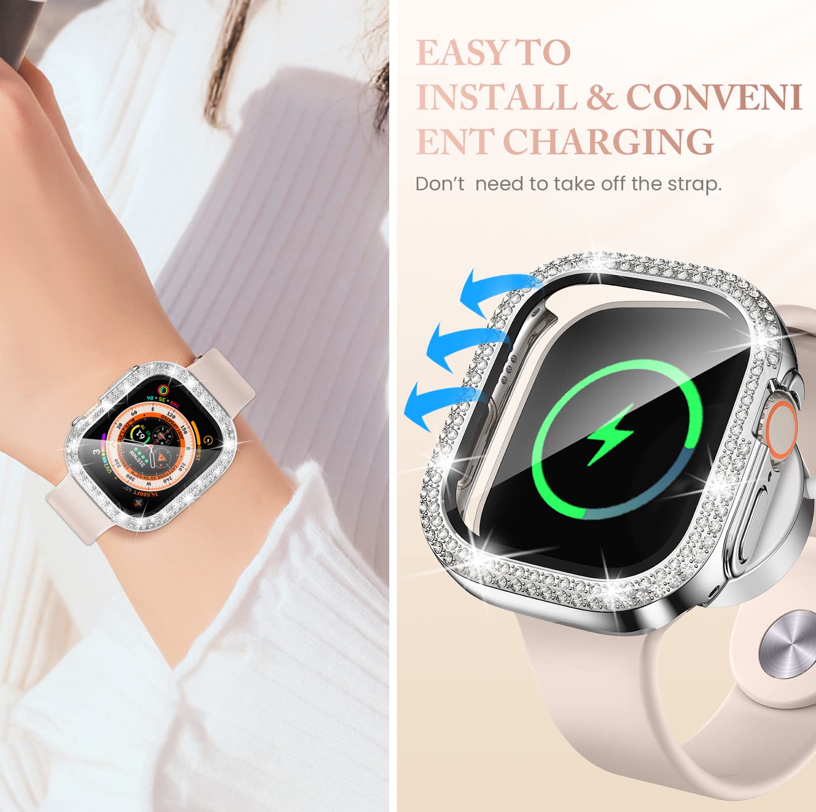 Goton 4 Pack Bling Screen Protector For Apple Watch Ultra Ultra2 2024 49Mm Case, Women Glitter Diamond Rhinestone Bumper Cover F