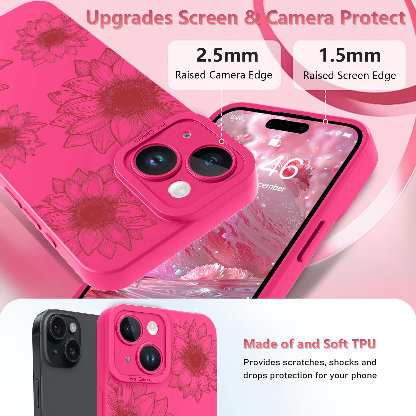 Ook Floral Case For Iphone 15 Case, Cute Sunflower Floral Blooms Design Soft Tpu Shockproof Protective For Women Girls Slim Phon