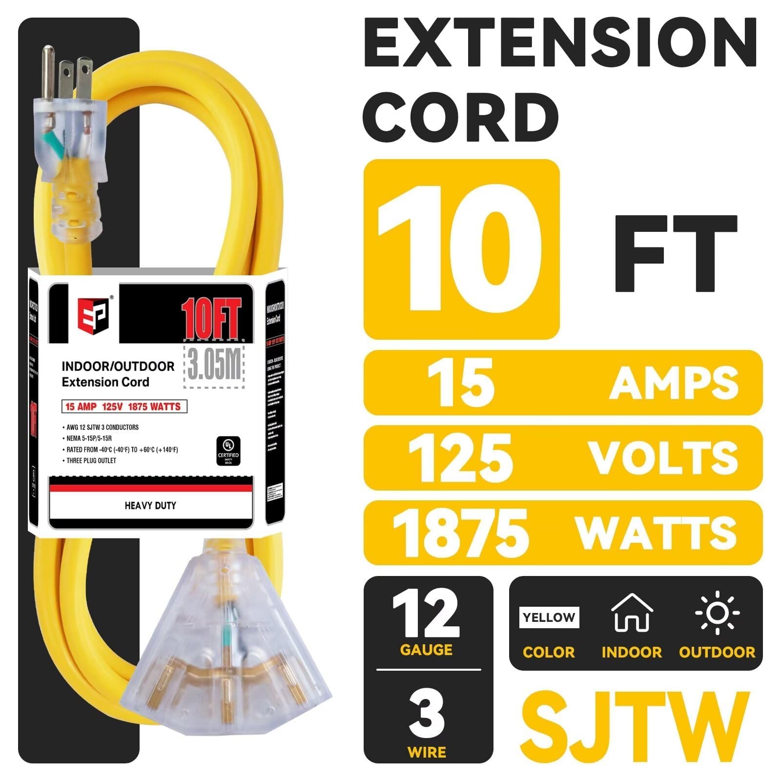 Ep 10 Ft 12 Gauge Heavy Duty Extension Cord, 15A 125V 1875W, 3 Outlet Indoor/Outdoor Power Cord With Lighted End, 12/3 Sjtw Weat