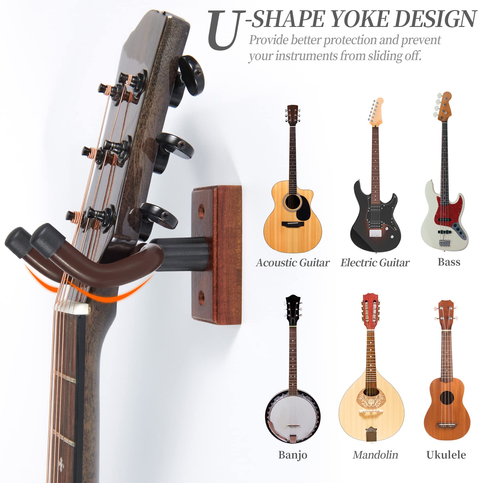 Guitar Wall Mount 2 Pack Wood Guitar Hanger For Safe Storage And Display Sturdy Wall Hanger For Acoustic Electric Guitar Bass Ba