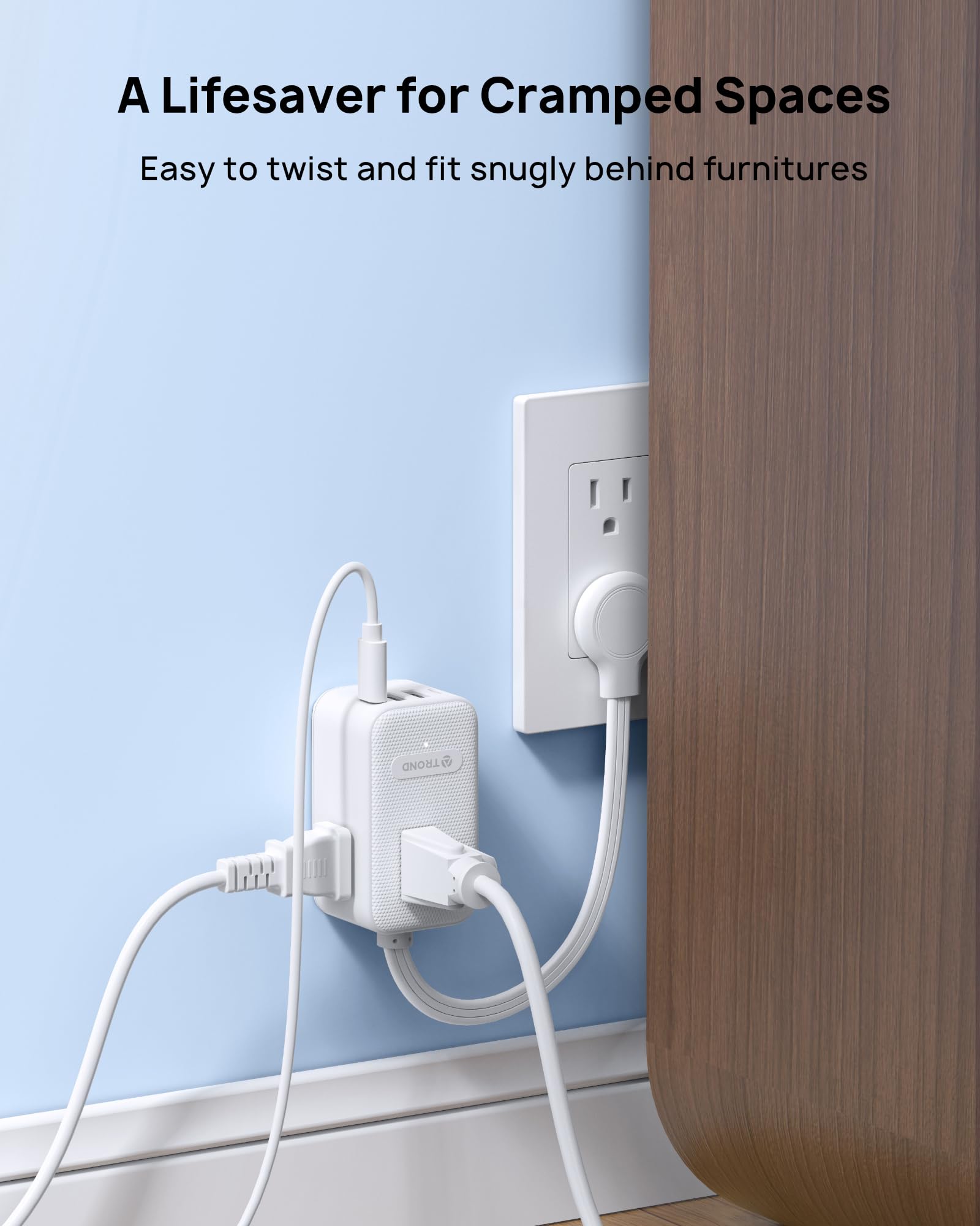 Trond Outlet Extender With 6 Inch Cord   Multi Plug Wall Outlet With Pd 20W Usb C Plug Adapter, Ultra Short Extension Cord, 3 Wa