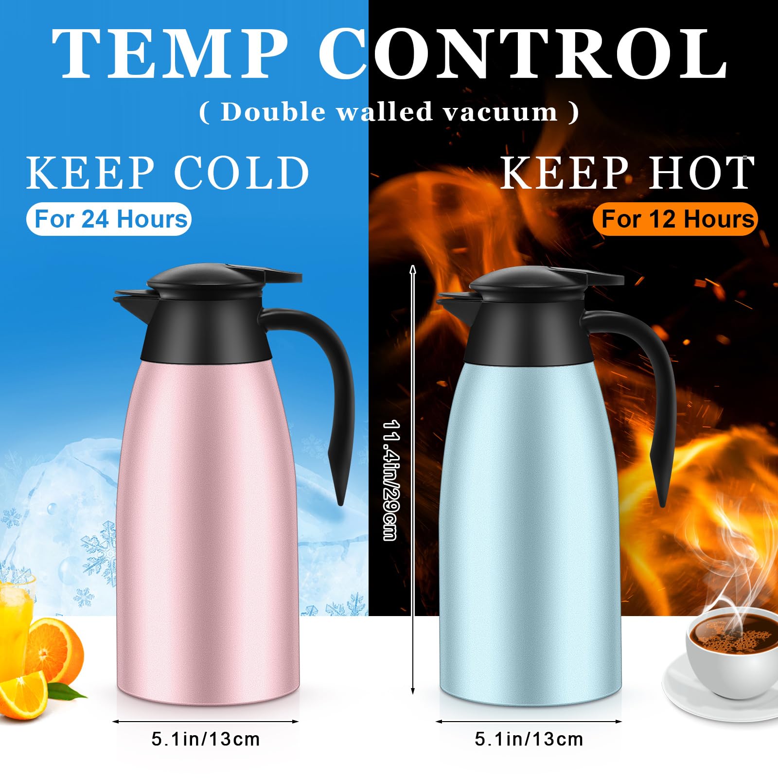 Norme 2 Pcs 68 oz Stainless Steel Thermal Coffee Carafe - Insulated Hot Liquid Dispenser, Pink & Blue, Model Norme-FTG21