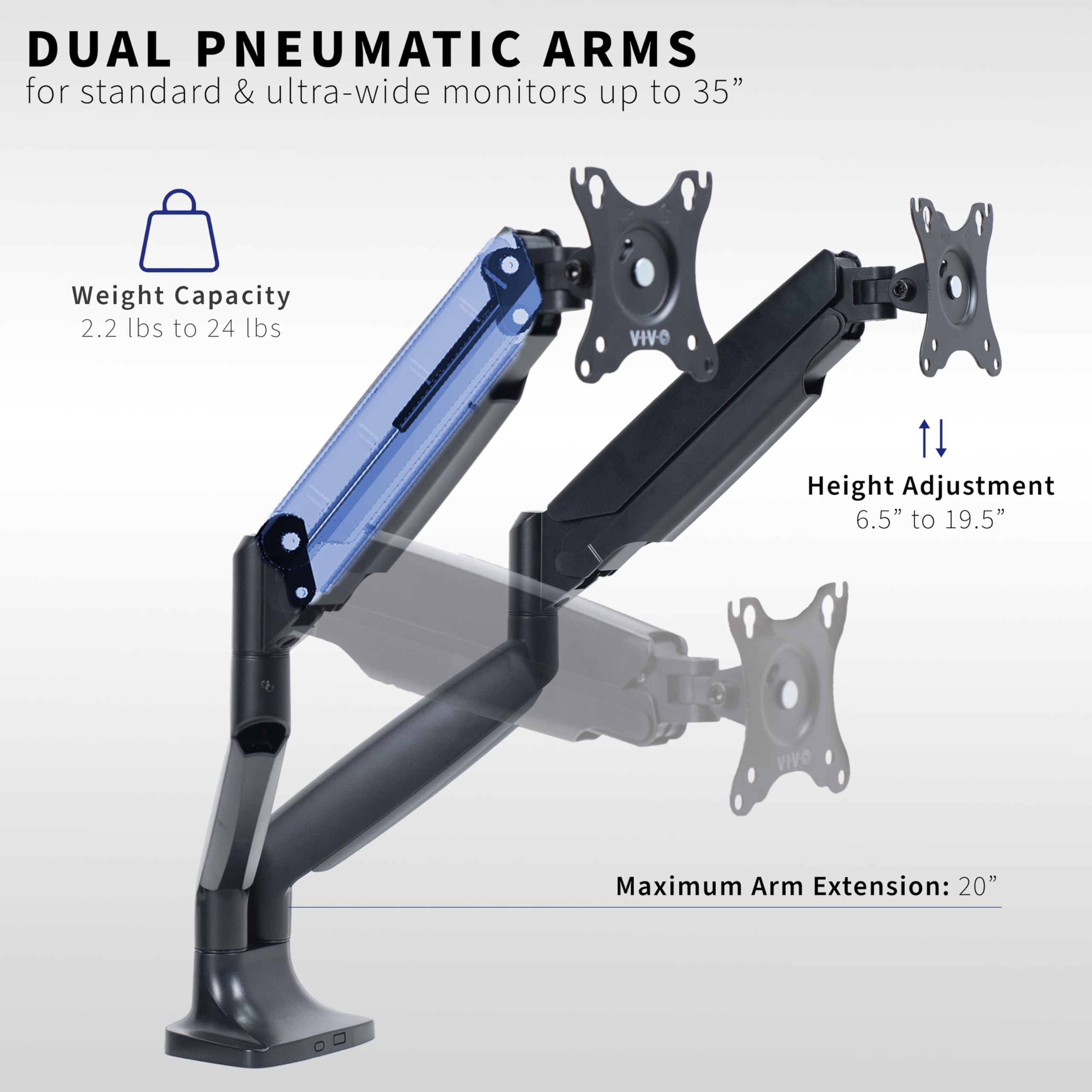 VIVO Premium Aluminum Heavy Duty Dual Monitor Arm for Ultrawide Monitors up to 35 inches and 24 lbs Each, Desk Mount Stand, Pneumatic Height, Max VESA 100x100, Black, STAND V202Q