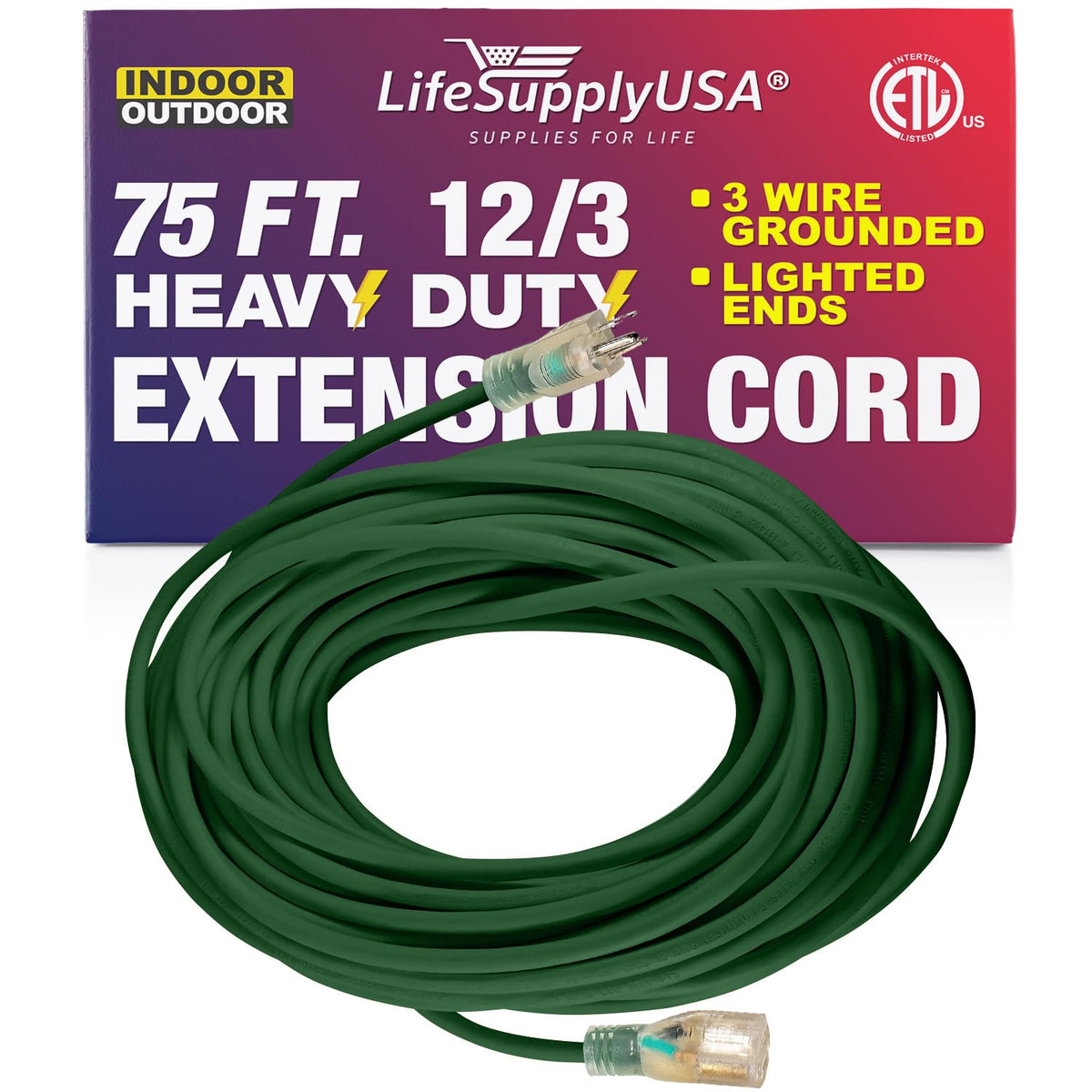 75 Ft Power Extension Cord Outdoor & Indoor Heavy Duty 12 Gauge/3 Prong Sjtw (Green) Lighted End Extra Durability 15 Amp 125 Vol