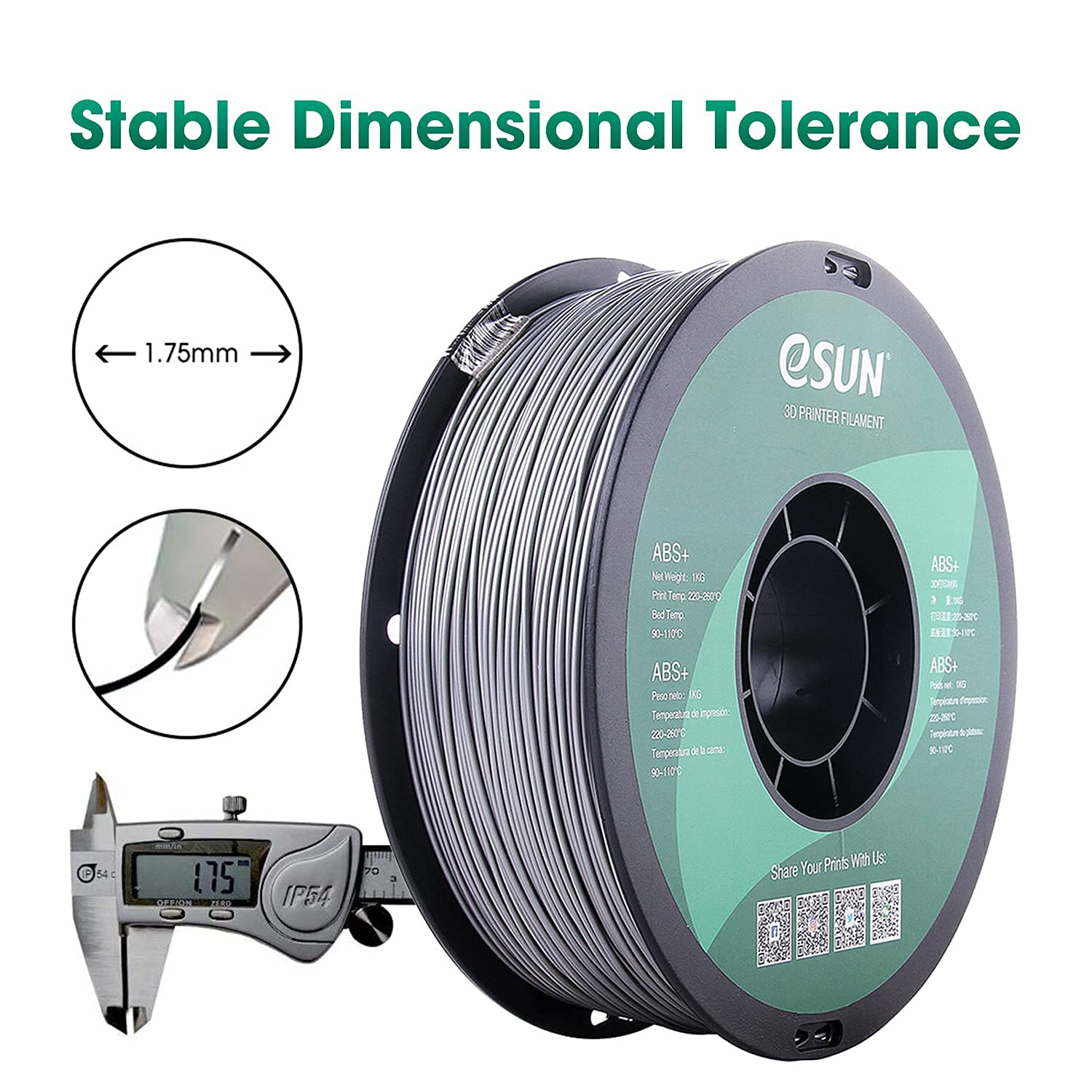 Esun 1.75Mm Gray Abs+ 3D Printer Filament 1Kg Spool (2.2Lbs), Gray