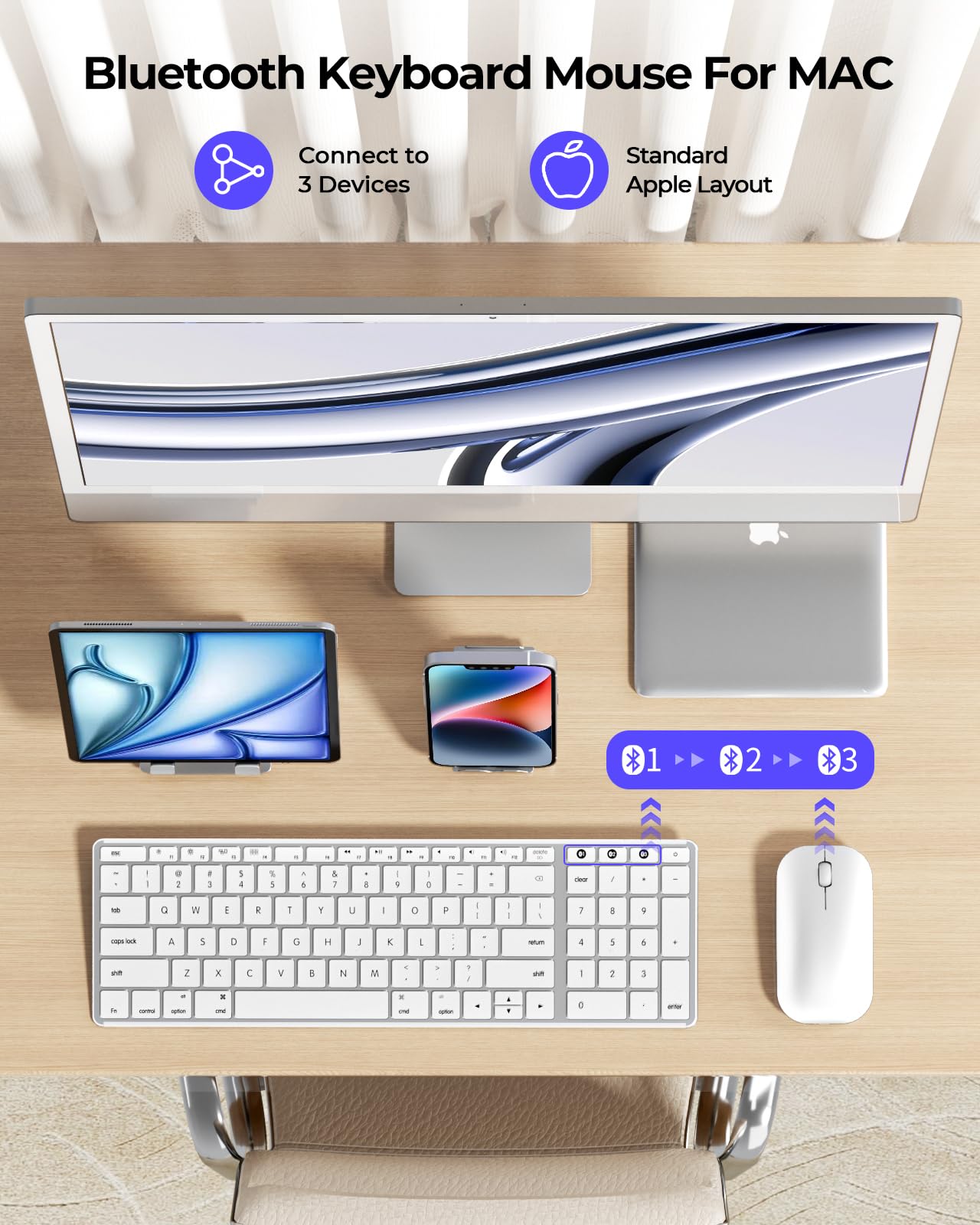 Wireless Bluetooth Keyboard And Mouse For Mac, Multi Device Rechargeable Keyboard And Mouse Stainless Steel Full Size, Compatible With Macbook Pro/Air, Ipad, Imac   White Silver