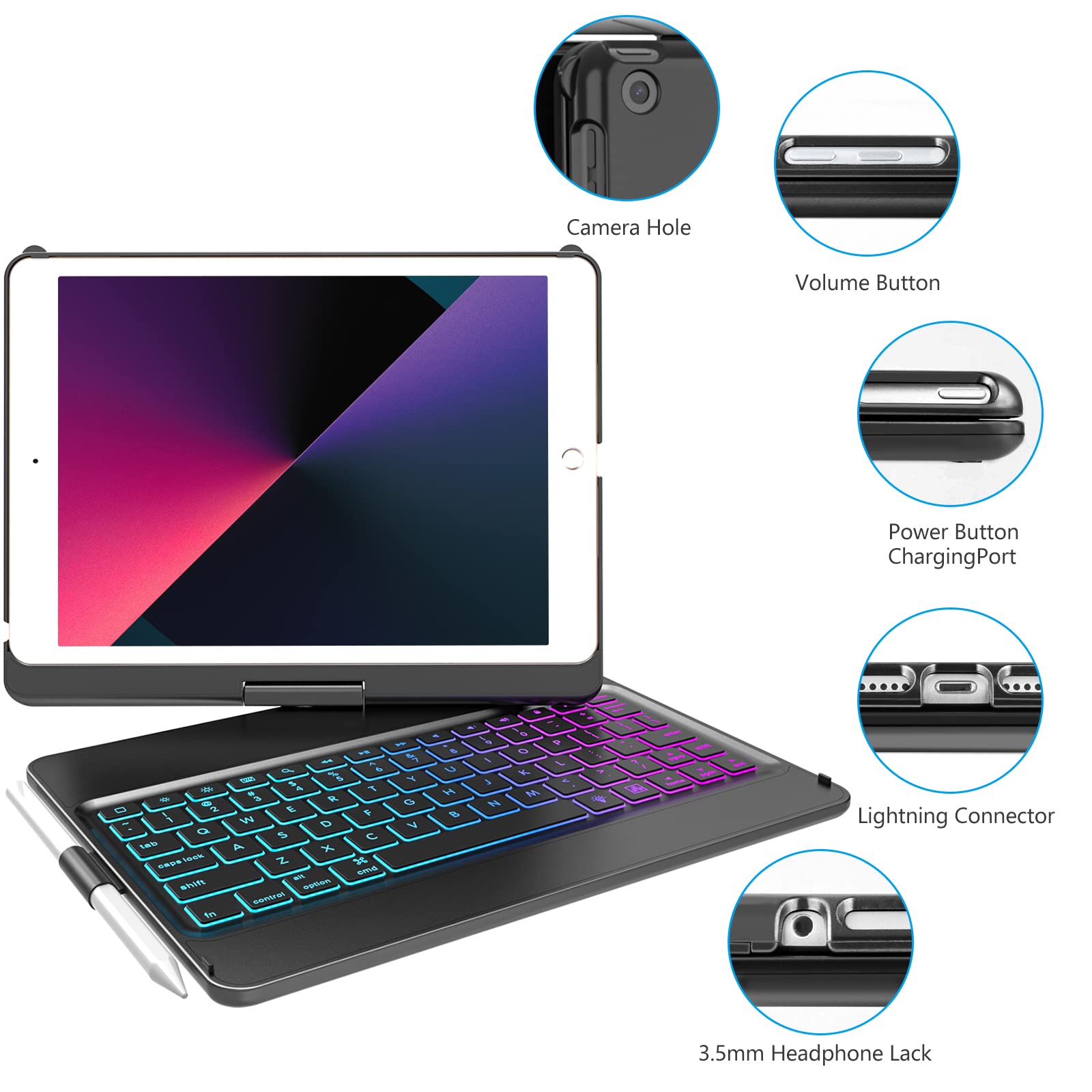 Mmk Ipad Keyboard Case - 10.2 Inch, 360 Rotatable Wireless Detachable Bluetooth Keyboard Cover For Ipad 9Th Gen 2021, 8Th Gen 20