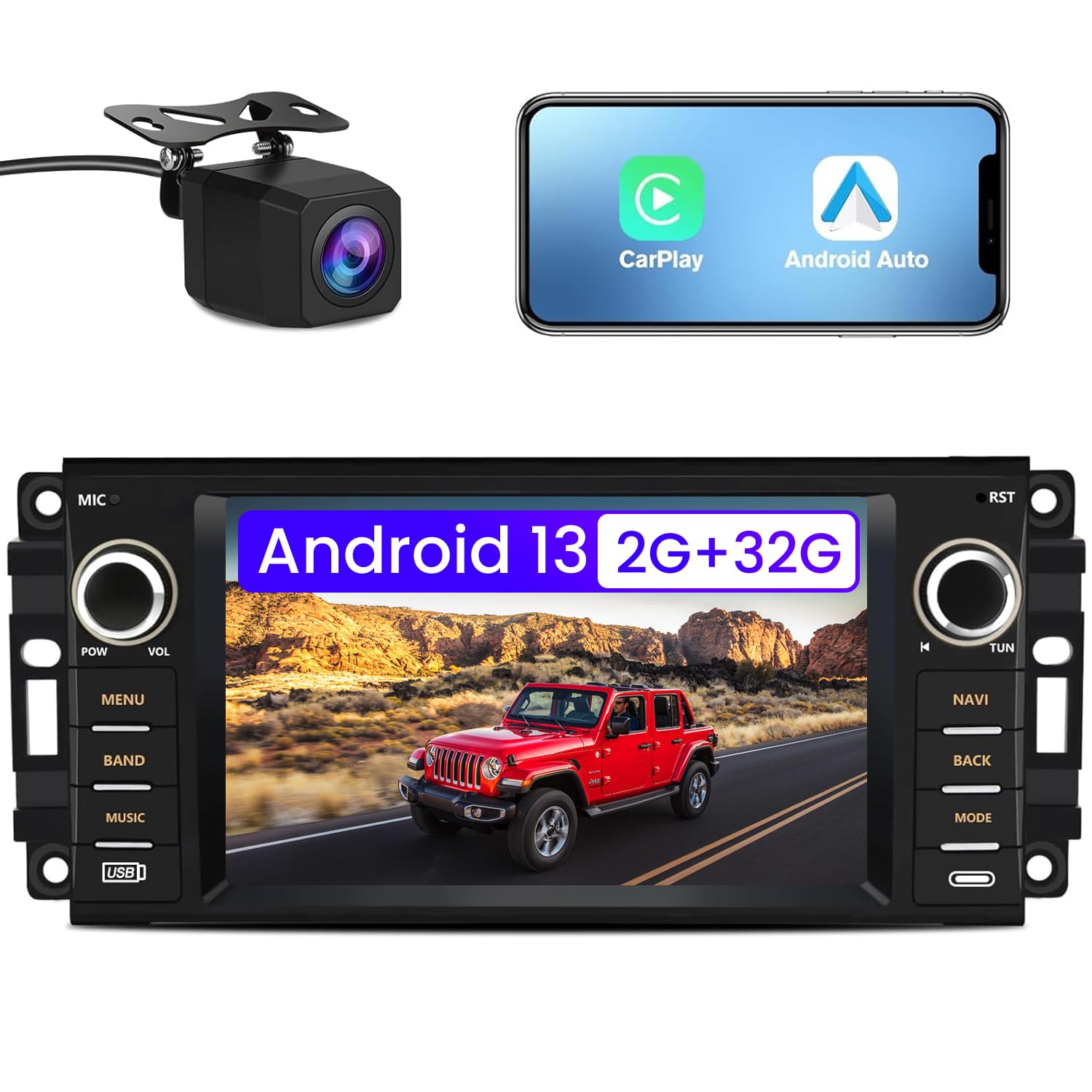 Android 13 Car Stereo For Jeep Wrangler Jk Compass Grand Cherokee Dodge Ram Chrylser, 7''Touchscreen Car Stereo With Bluetooth,B