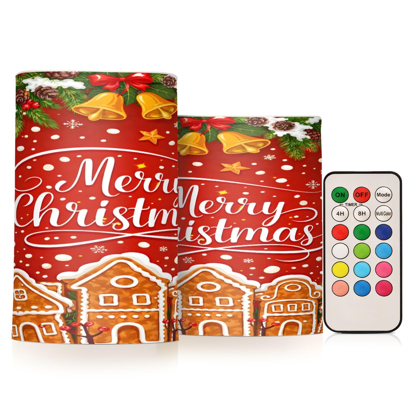 BOENLE Flickering Flameless Candles, Christmas Gingerbread Holly Berry Bell LED Candles with Remote Timer, Set of 2 Battery Oper