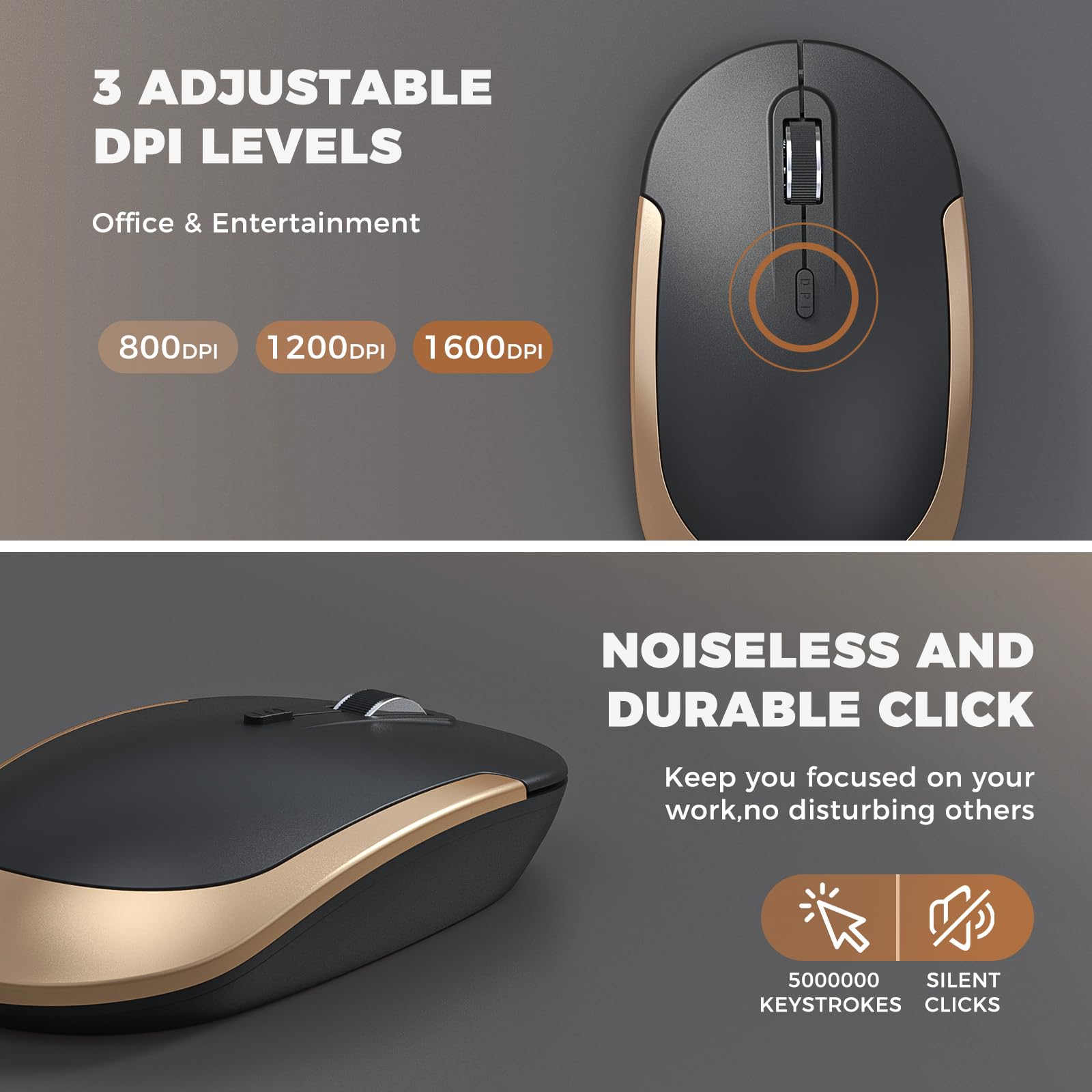 VssoPlor Wireless Keyboard and Mouse Combo - 2.4GHz Rechargeable, Full-Size, Quiet, Black and Gold, Nano USB Receiver for Windows, PC, Laptop