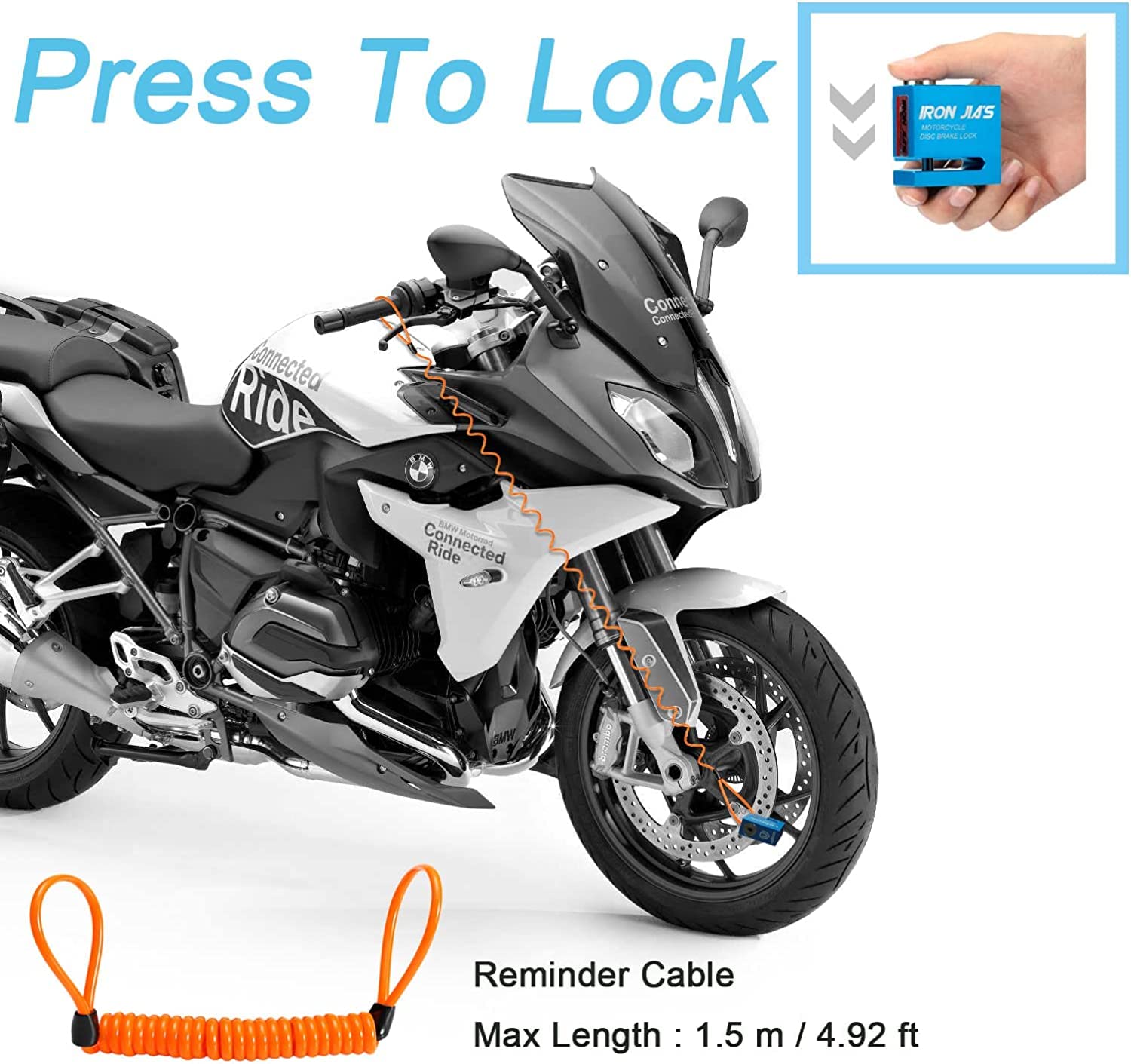Motorcycle Disc Lock Anti-Theft Wheel Brake Lock Waterproof Alloy With Reminder Cable And 2 Keys, Alarm-Free For Motorbike, E-Sc