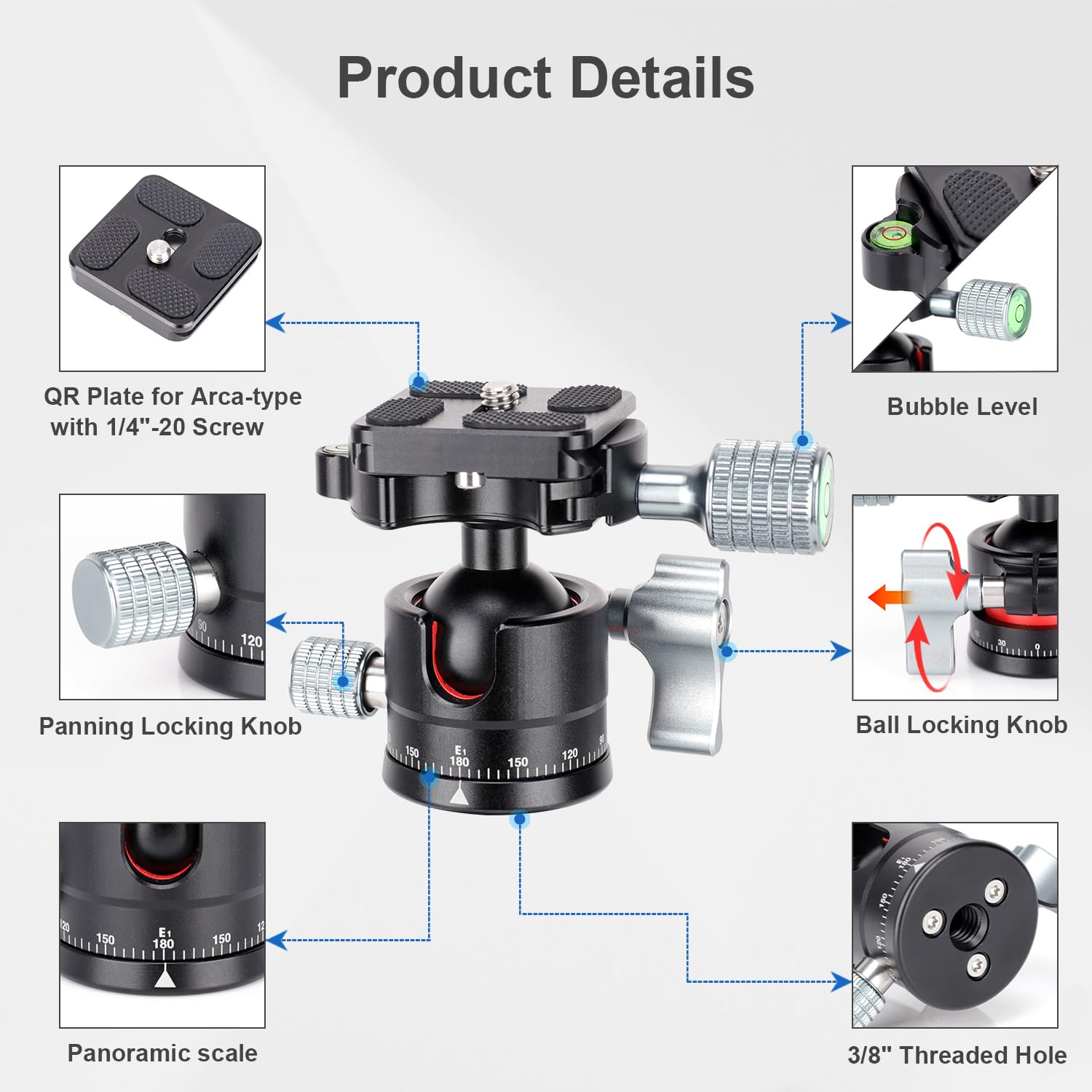 Koolehaoda Tripod Head Mini Ball Head Camera 360 Panoramic Head With 1/4'' Screw Arca Type Quick Release Plate F28Mm Metal Ball