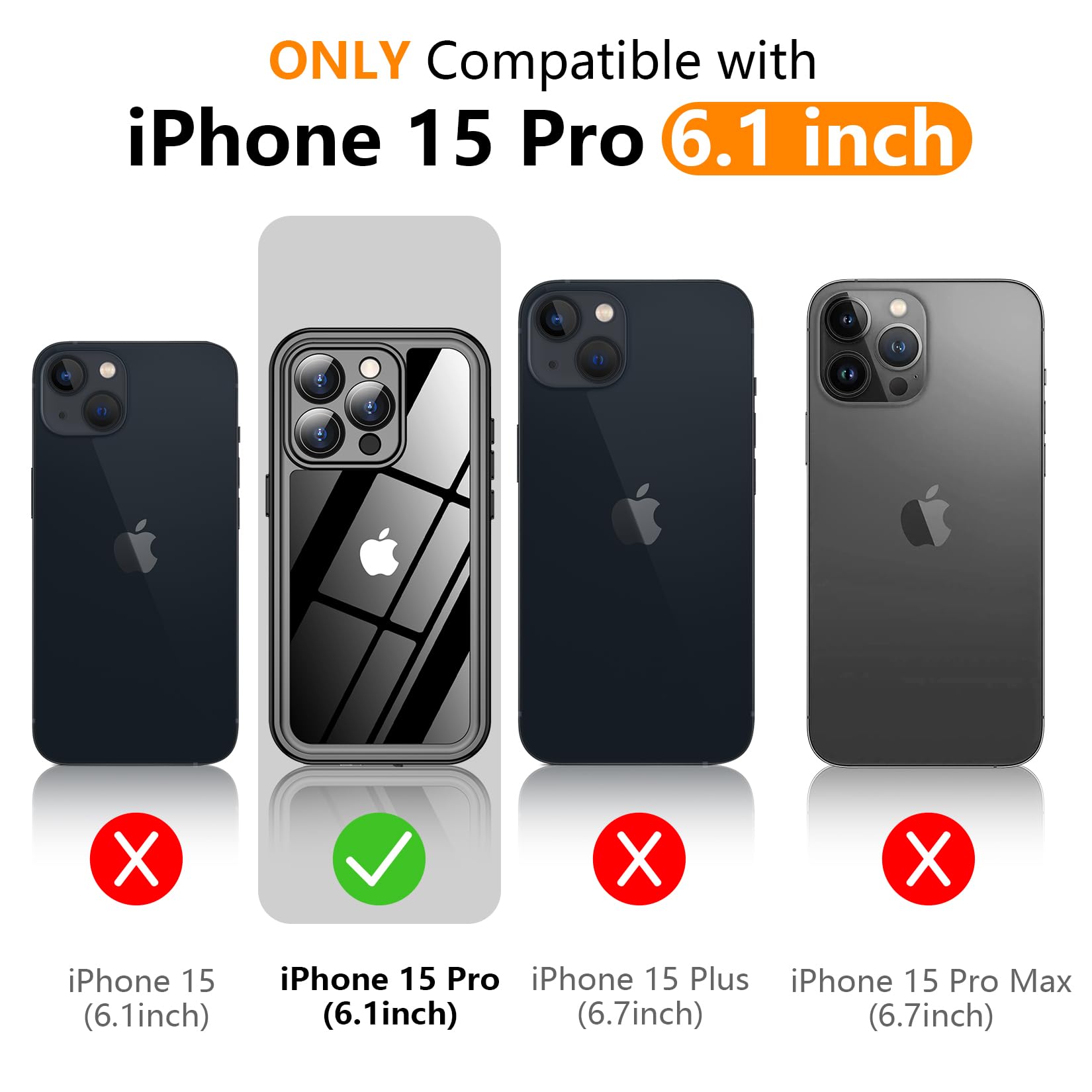 Temdan For Iphone 15 Pro Case Waterproof, [Built In Screen Protector][Ip68 Underwater][15Ft Military Dropproof][Dustproof][Real