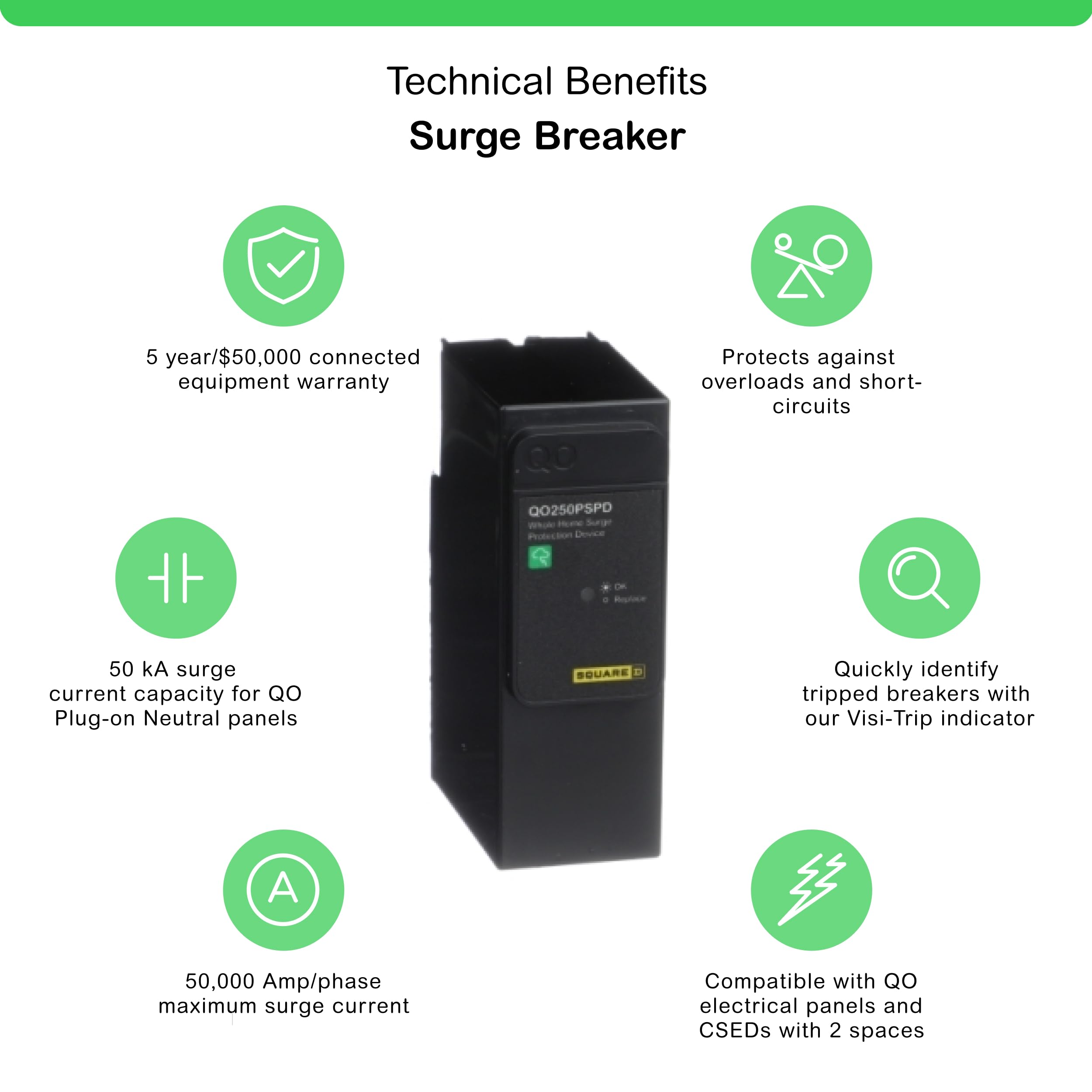 Square D QO Whole House Surge Protection Device, 50kA, 120/240V, 1-Phase, Model QO250PSPD, Plug-On Neutral, Black