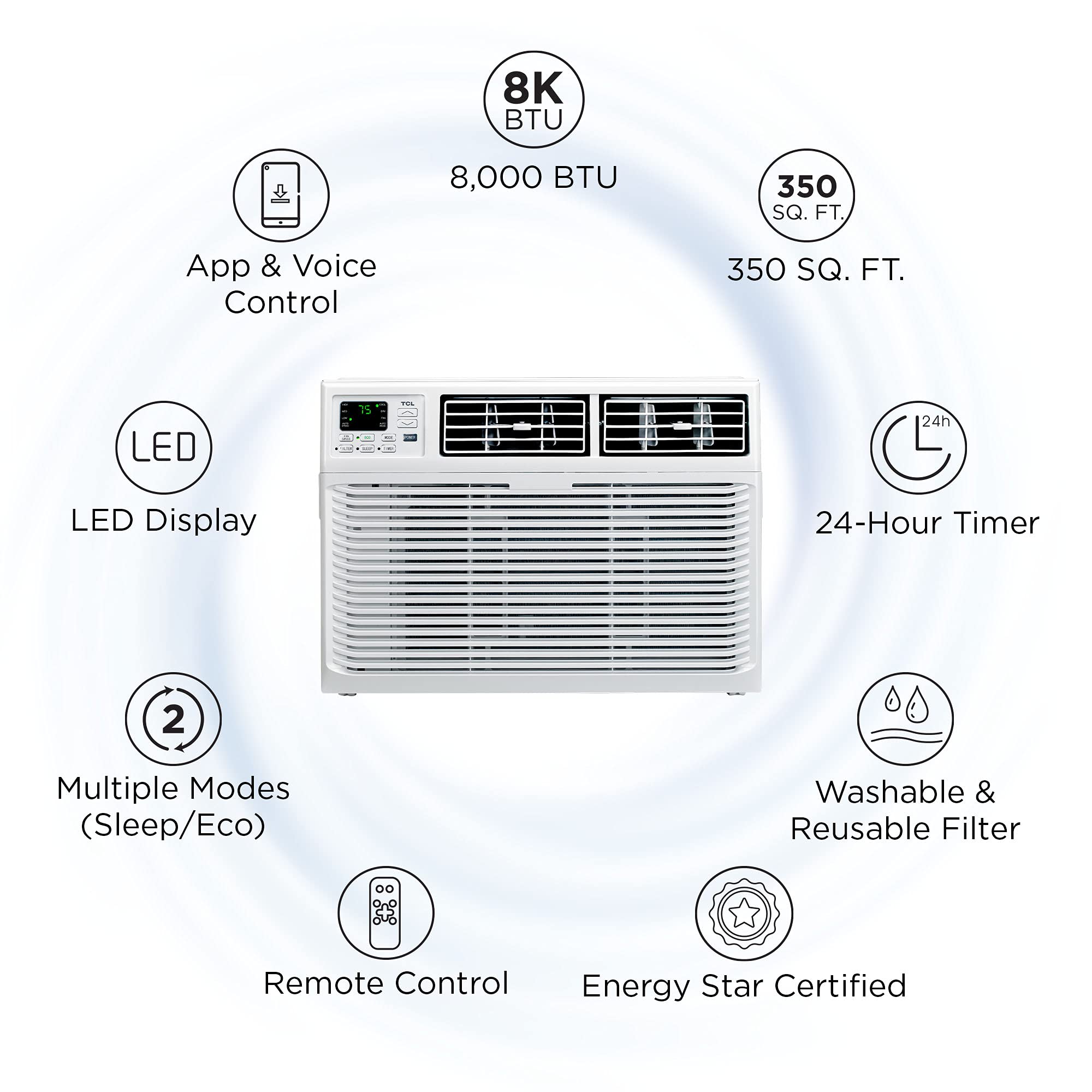 Tcl 8W9Er1 A Smart App & Voice Control Window Air Conditioner, 8,000 Btu, White