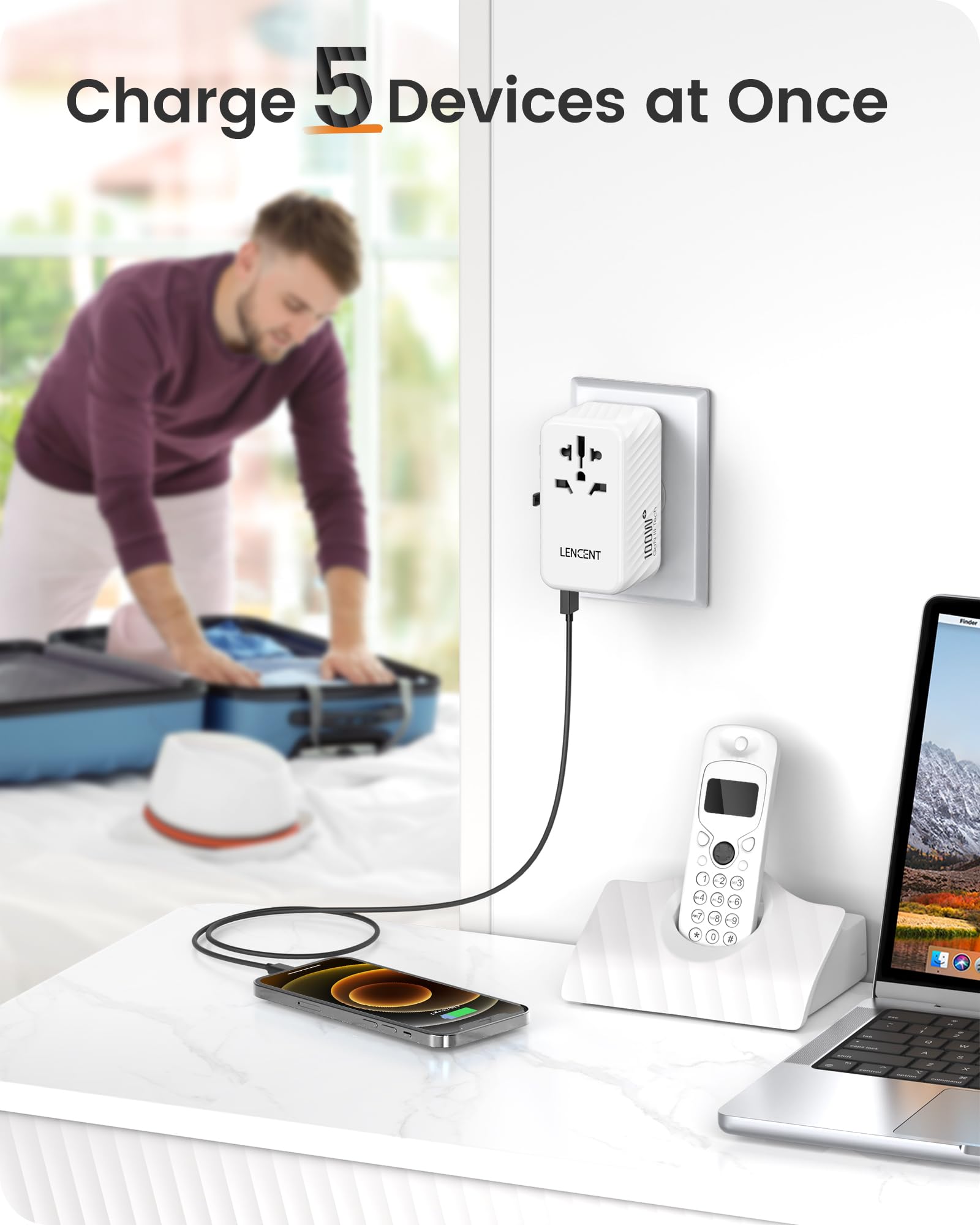 Lencent Universal Travel Adapter, 100W Gan International Fast Charger With 2 Pd3.0 Type C+2 Qc Usb A, Worldwide Power Adaptor Fo