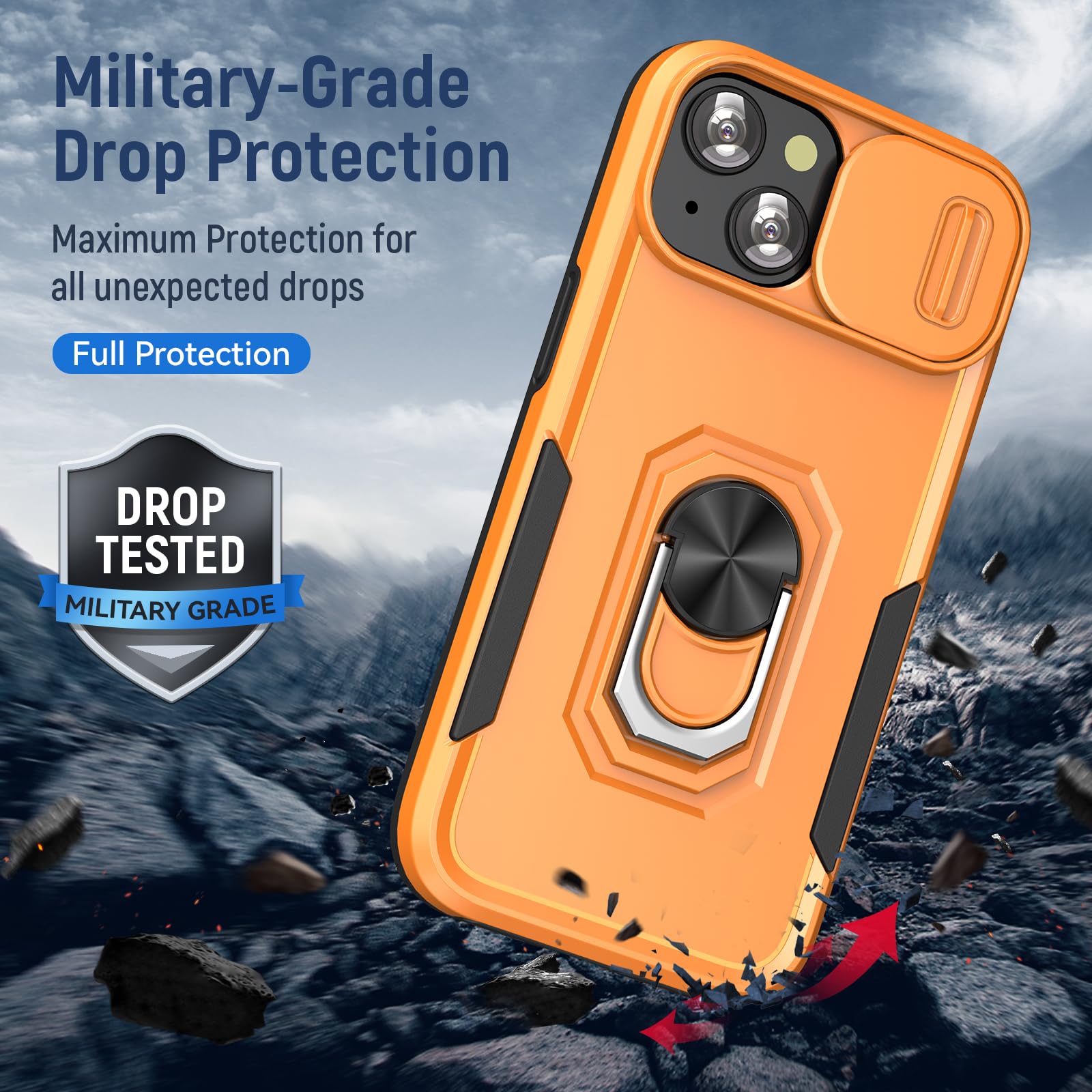 Sefing Phone Case For Iphone 15 Case With Slide Camera Cover, With Finger Ring Holder Stand, Fit Magnetic Car Mount, For Iphone