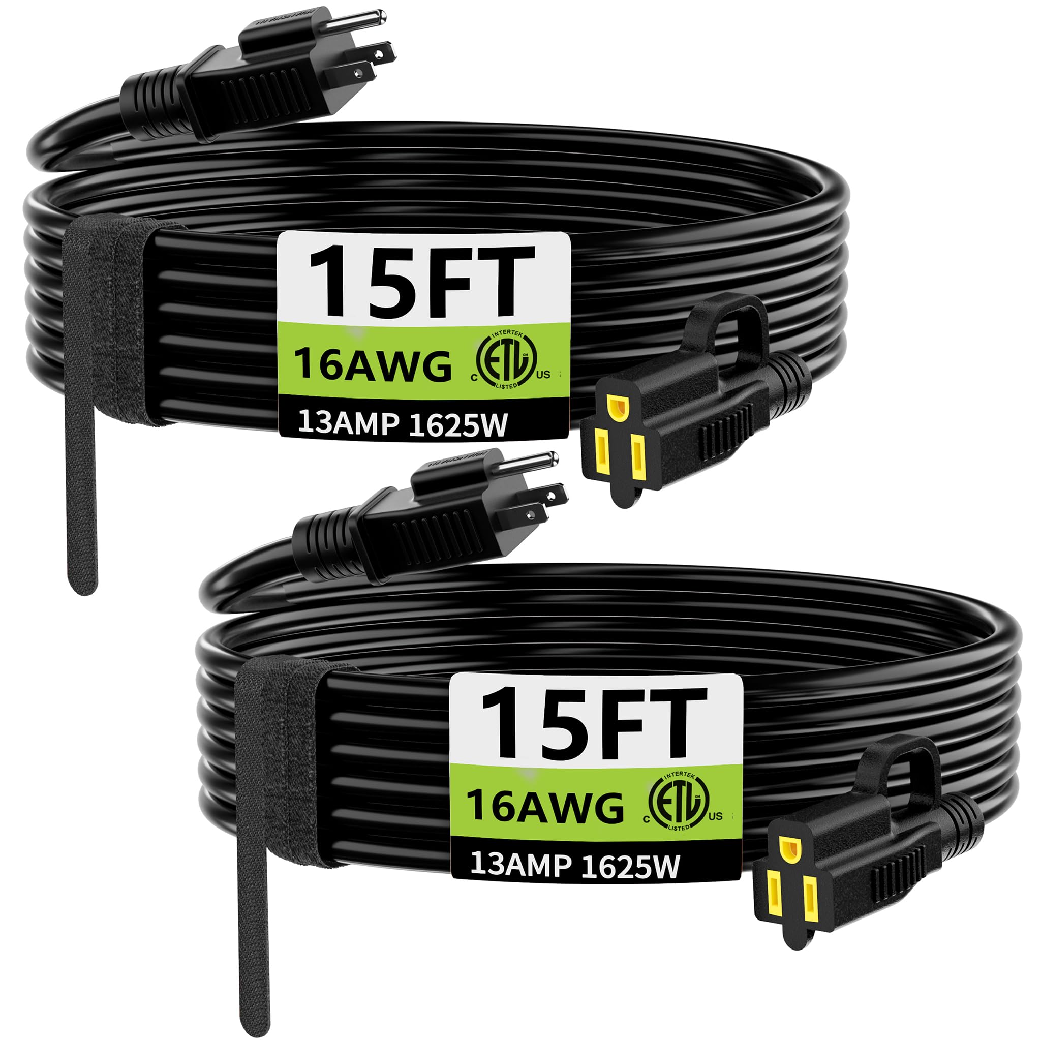 Huanchain Indoor Outdoor Black Extension Cord 15 Ft (2Pack) Waterproof, 16/3 Gauge Flexible Cold Resistant Appliance Cable Outsi