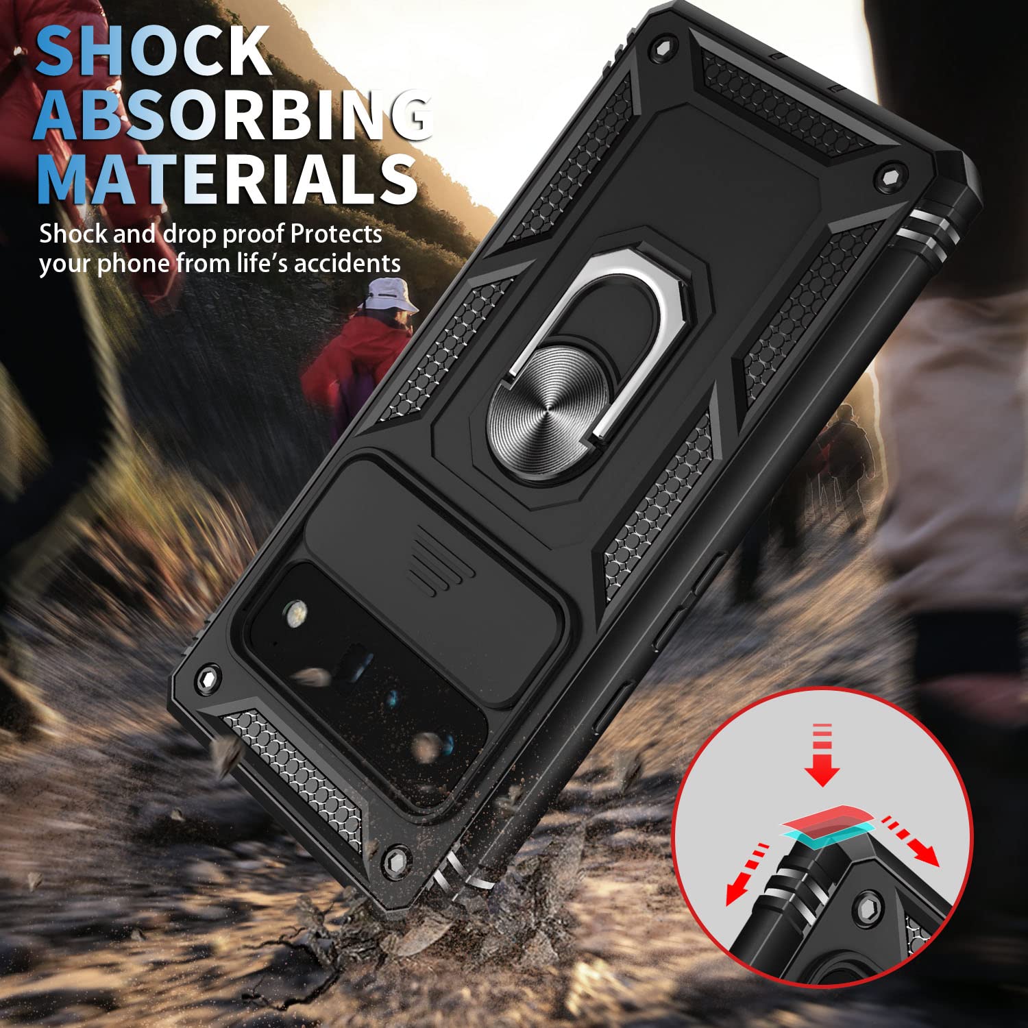 Fetrim Google Pixel 6 Pro Case   Black, Dual Layer Shockproof, Camera Cover, Rotation Ring Stand, Magnetic Car Mount