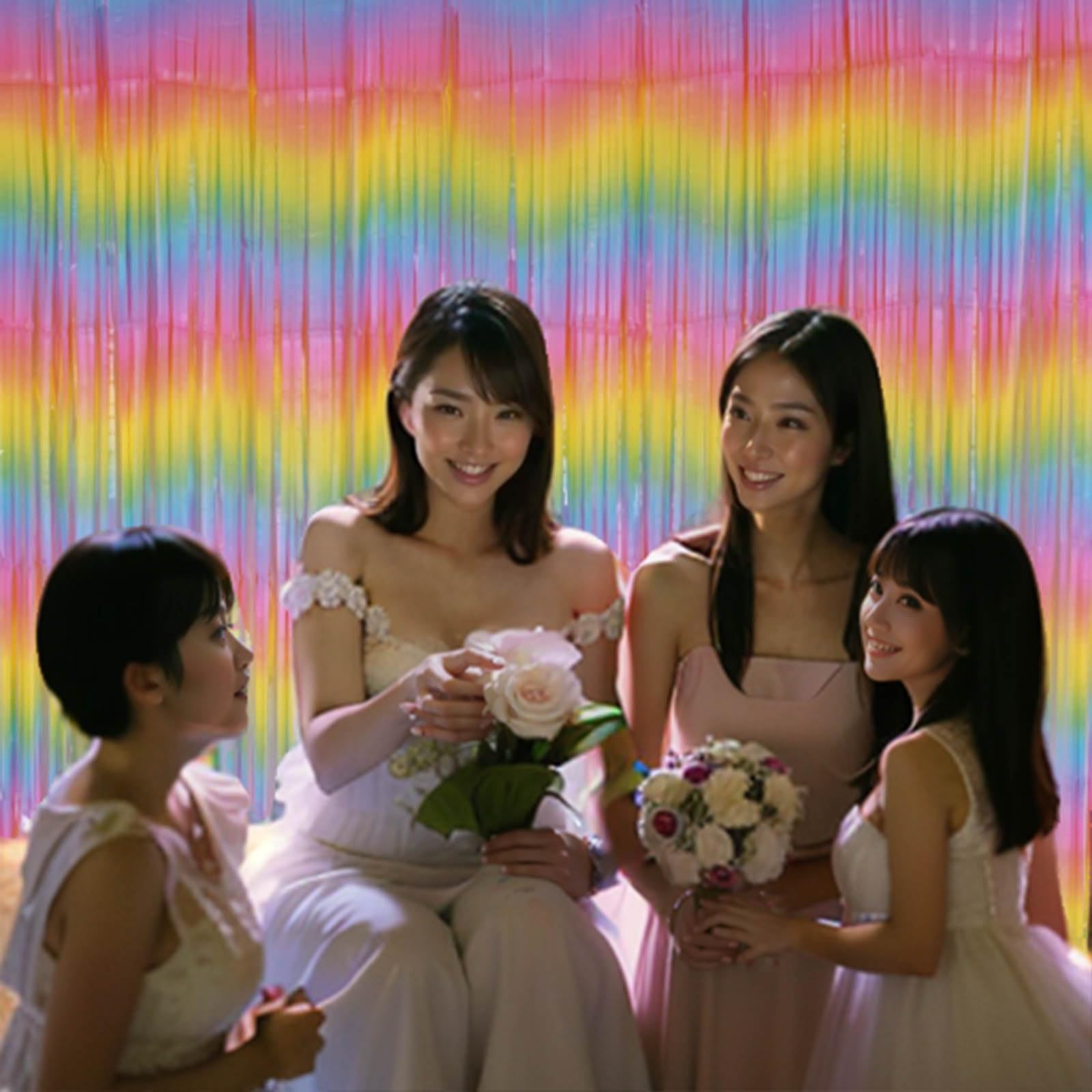 Xiksxitn 2 Pack 3.2 Ft X 8.2 Ft Pastel Rainbow Fringe Curtain Backdrop, Metallic Tinsel Foil Fringe Streamers Curtains Backgroun