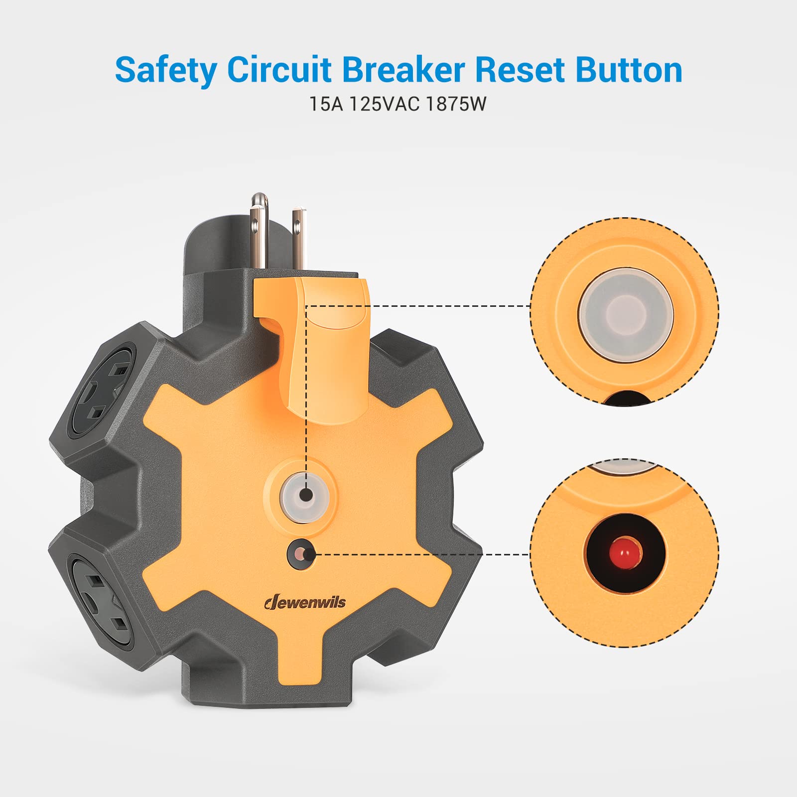 Dewenwils Outdoor Extension Cord Power Adapter, Heavy Duty 5 Outlet Power Hub With Swivel Safety Covers, Widely Spaced Power Out