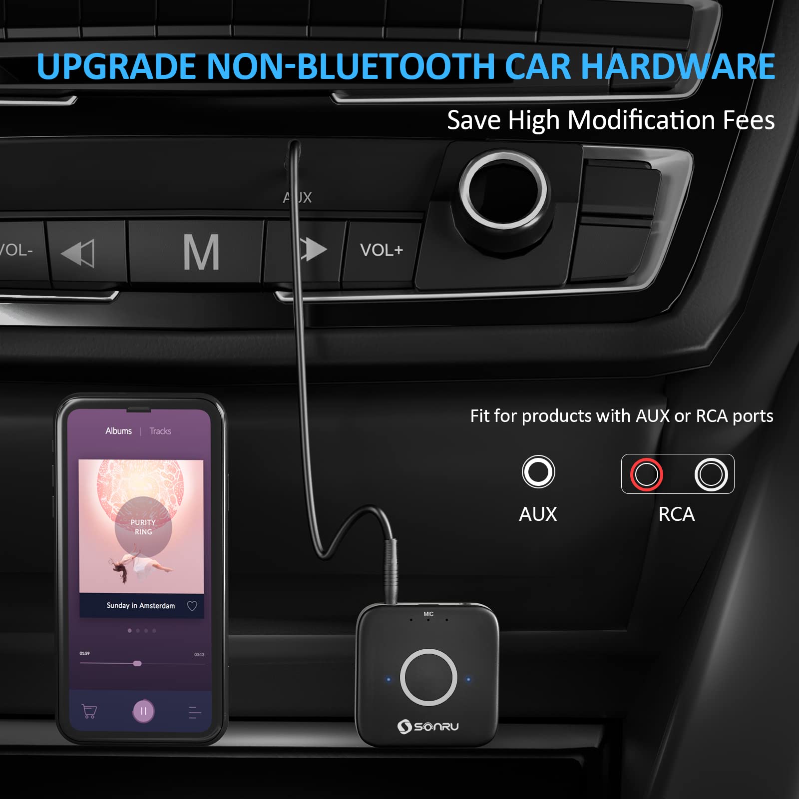 Bluetooth Aux Adapter For Car, Sonru Bluetooth 5.3 Wireless Audio Receiver Adapter For Home Stereo/Wired Headphones/Hands Free C