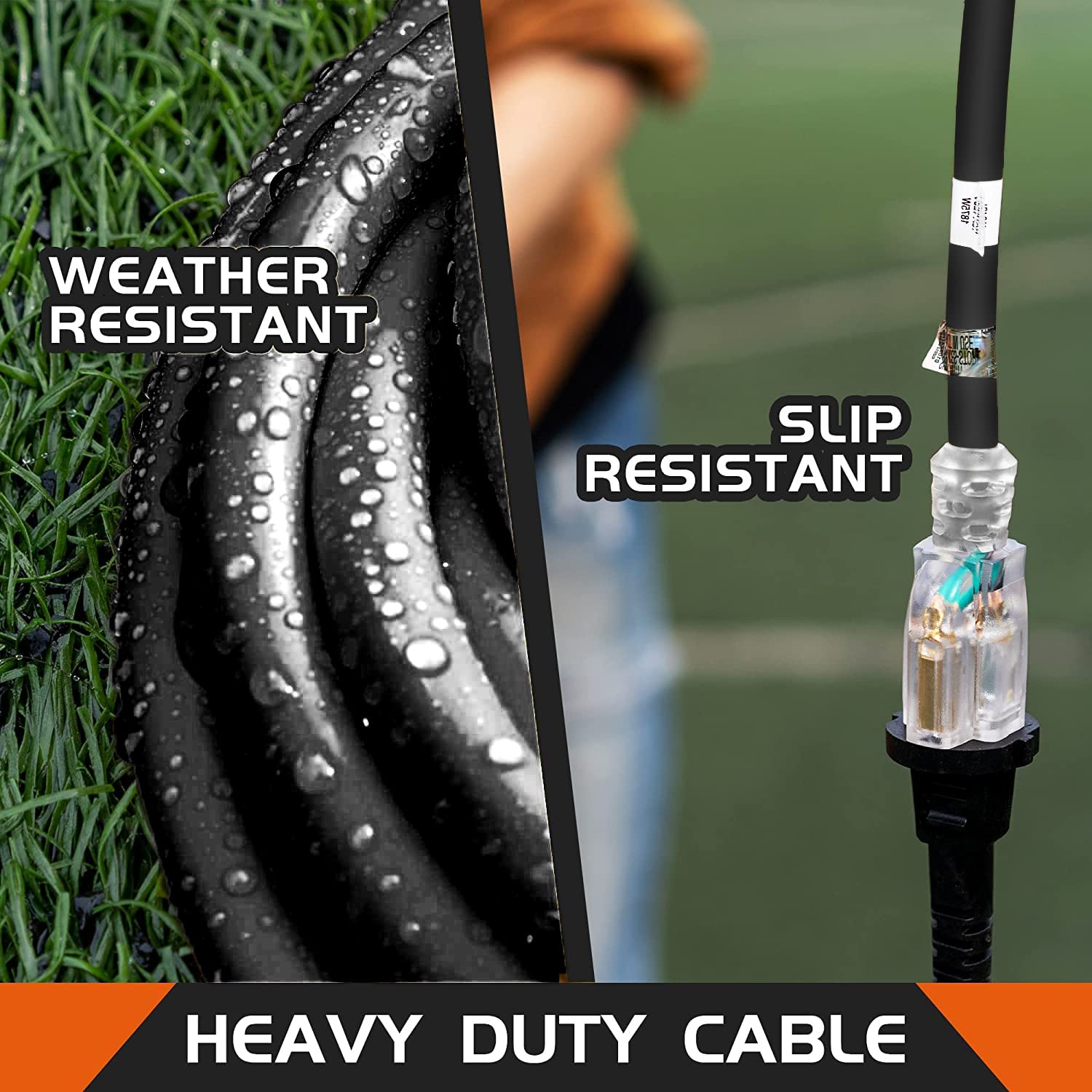 Honderson 30Ft Lighted Outdoor Extension Cord   10/3 Sjtw Heavy Duty Black Extension Cable With 3 Prong Grounded Plug For Safety