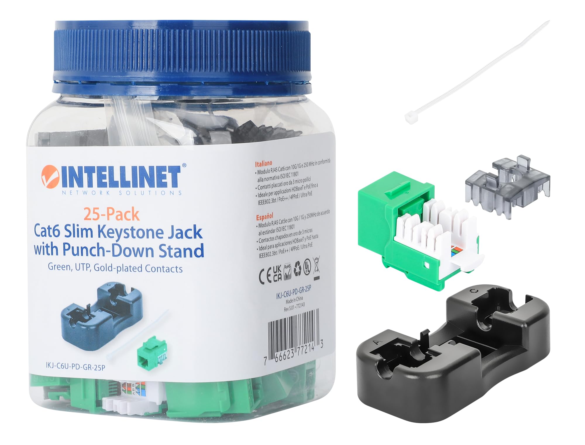Cat6 Slim Keystone Jack With Punch-Down Stand, Green, 25-Pack