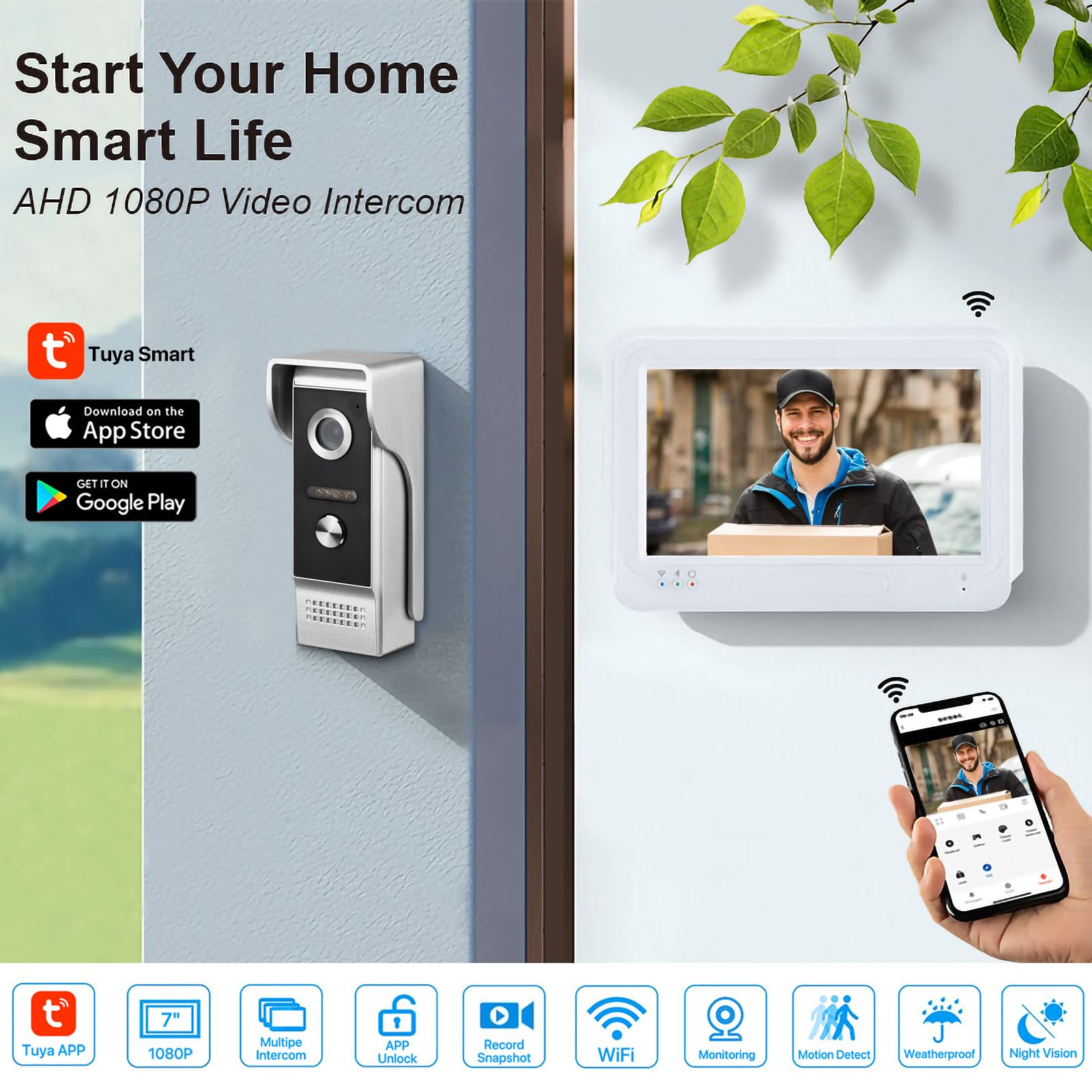 Amocam Wireless Wifi Video Doorbell Intercom System, 1080P Video Door Camera With Monitor, 7 Inch Touch Screen Video Door Phone, No Monthly Fees, Tuya App Remote Intercom (Wired Power)
