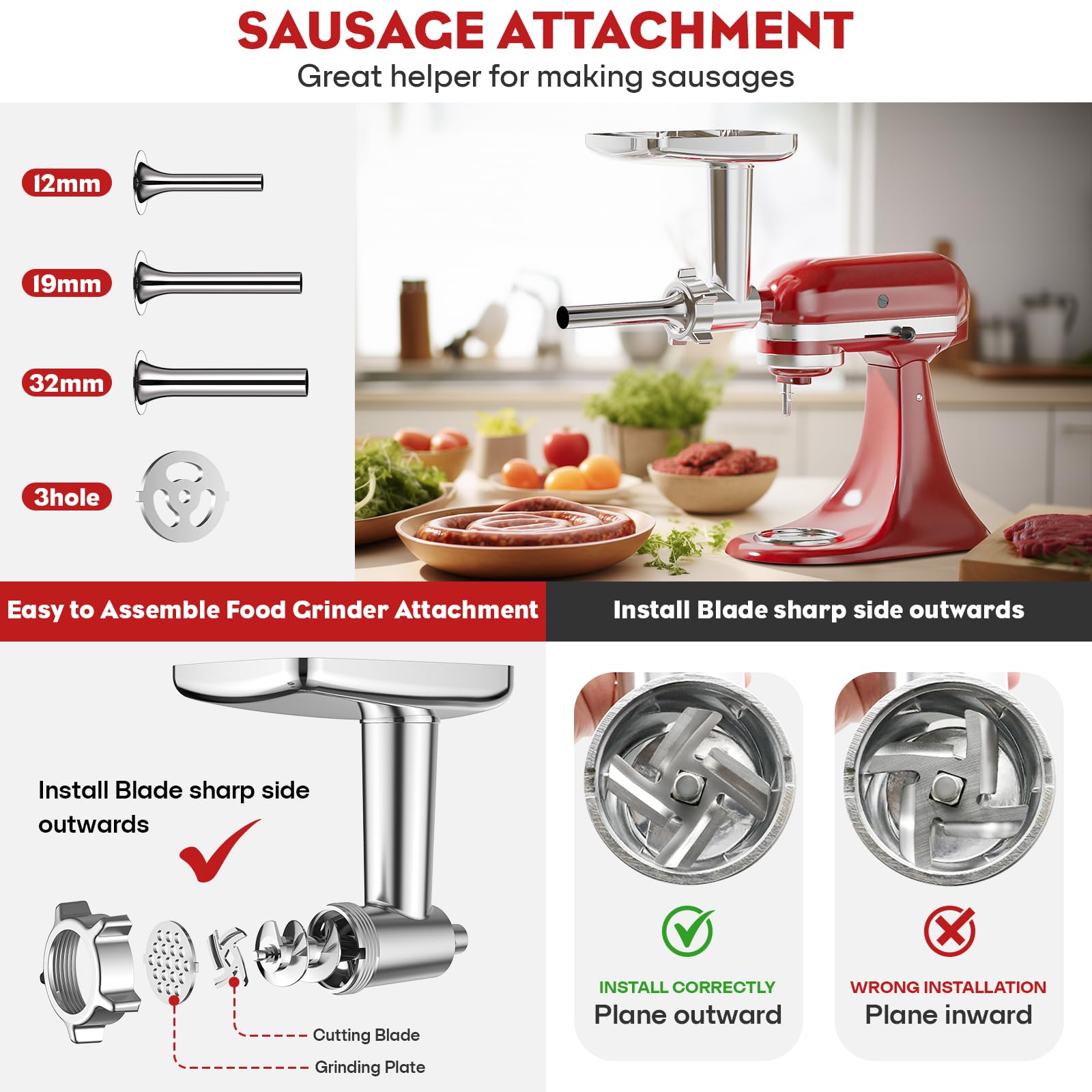 Meat Grinder & Stainless Steel Slicer Shredder Attachment For Kitchenaid Stand Mixer, Meat Grinder Attachment With Sausage Stuff