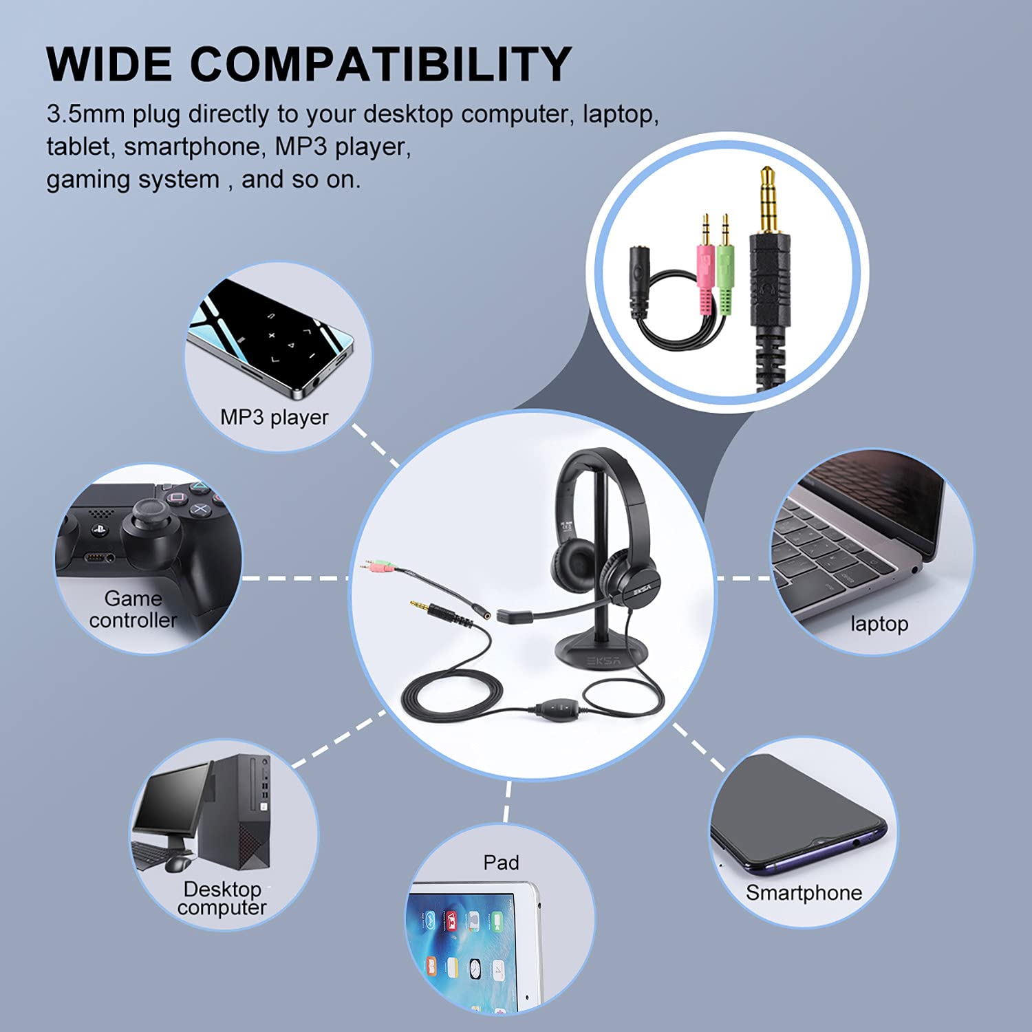Eksa Wired Headset With Mic, Computer Headset With Microphone For Pc, 3.5Mm Headset With Mic With Noise Cancelling For Pc/Laptop
