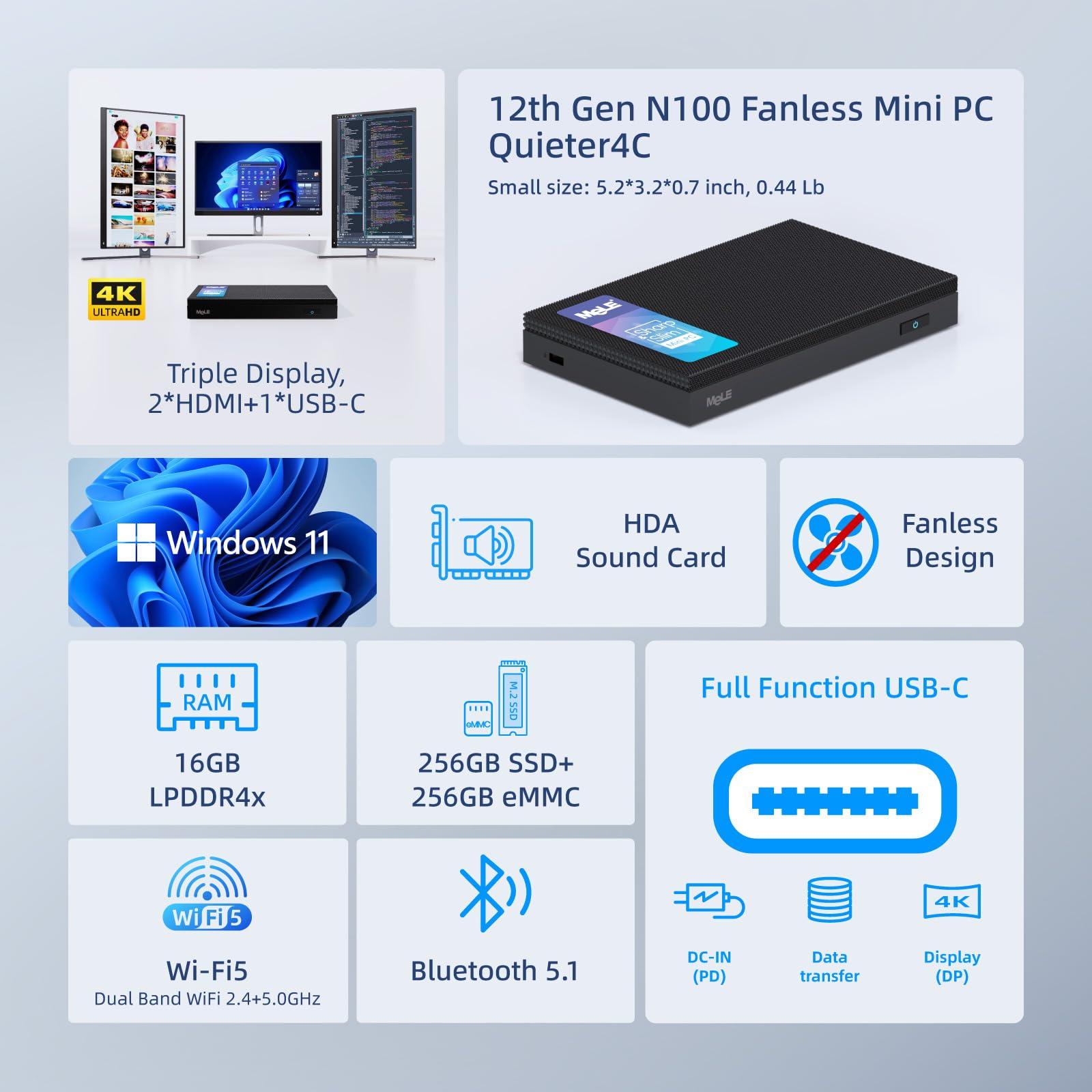 Mele Quieter4C Fanless Mini Pc 12Th Alder Lake N100 (Up To 3.4Ghz 4C/4T) 16Gb Lpddr4X 512Gb Micro Desktop Computer Win 11 Pro Su