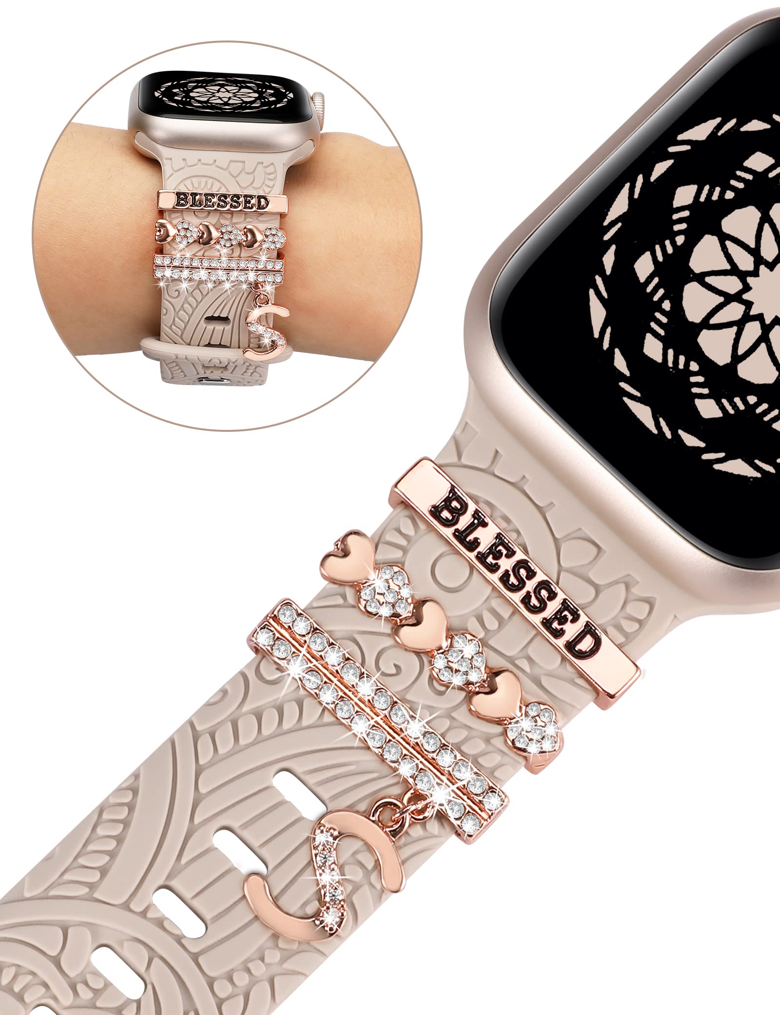 (Include Band) Decorative Ring Loops Compatible With Apple Watch Band Charms 41Mm 40Mm 38Mm Women, Toyouths Boho Engraved Fancy