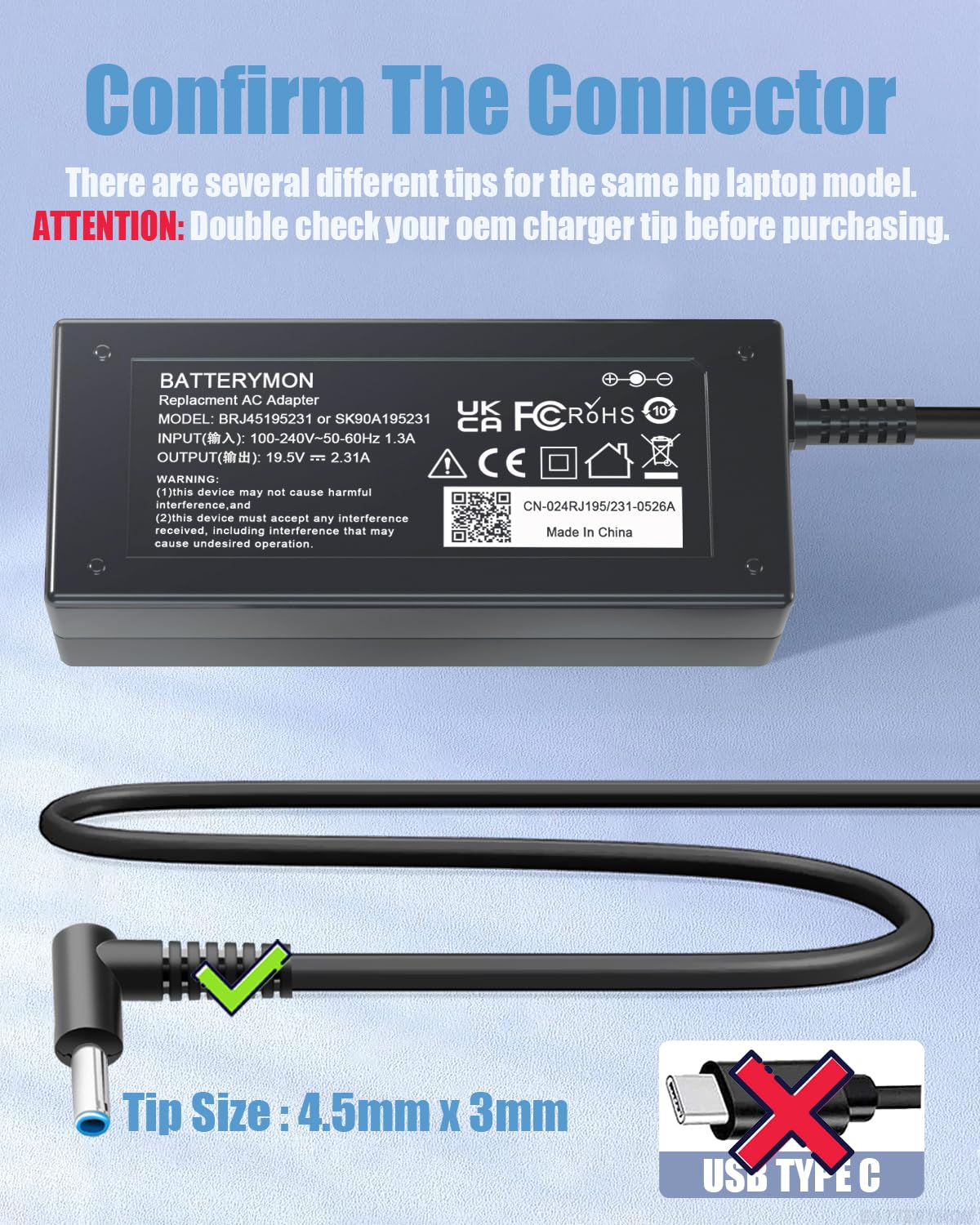 45W 19.5V 2.31A Laptop Power Adapter Charger For Hp 741727 001 721092 001 719309 001 Hstnn Da40 Adp 45Wd B, Pavilion Touchsmart 11 13 15 Stream 14 13 11 Notebook Charging Cord With Blue Tip, 45W Max