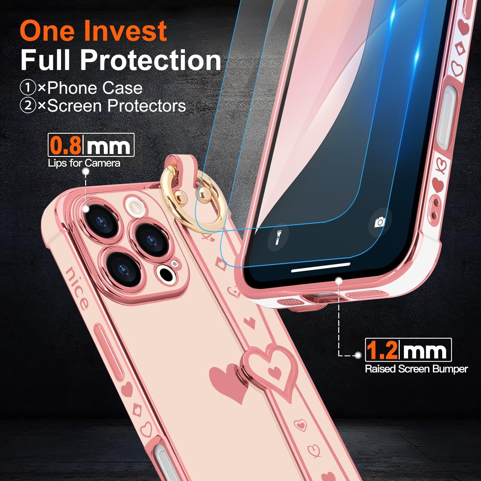 Llz.Coque For Iphone 16 Pro Max Case With Strap For Women Girls [2   Screen Protectors], Cute Love Hearts Design, Wristband Kick