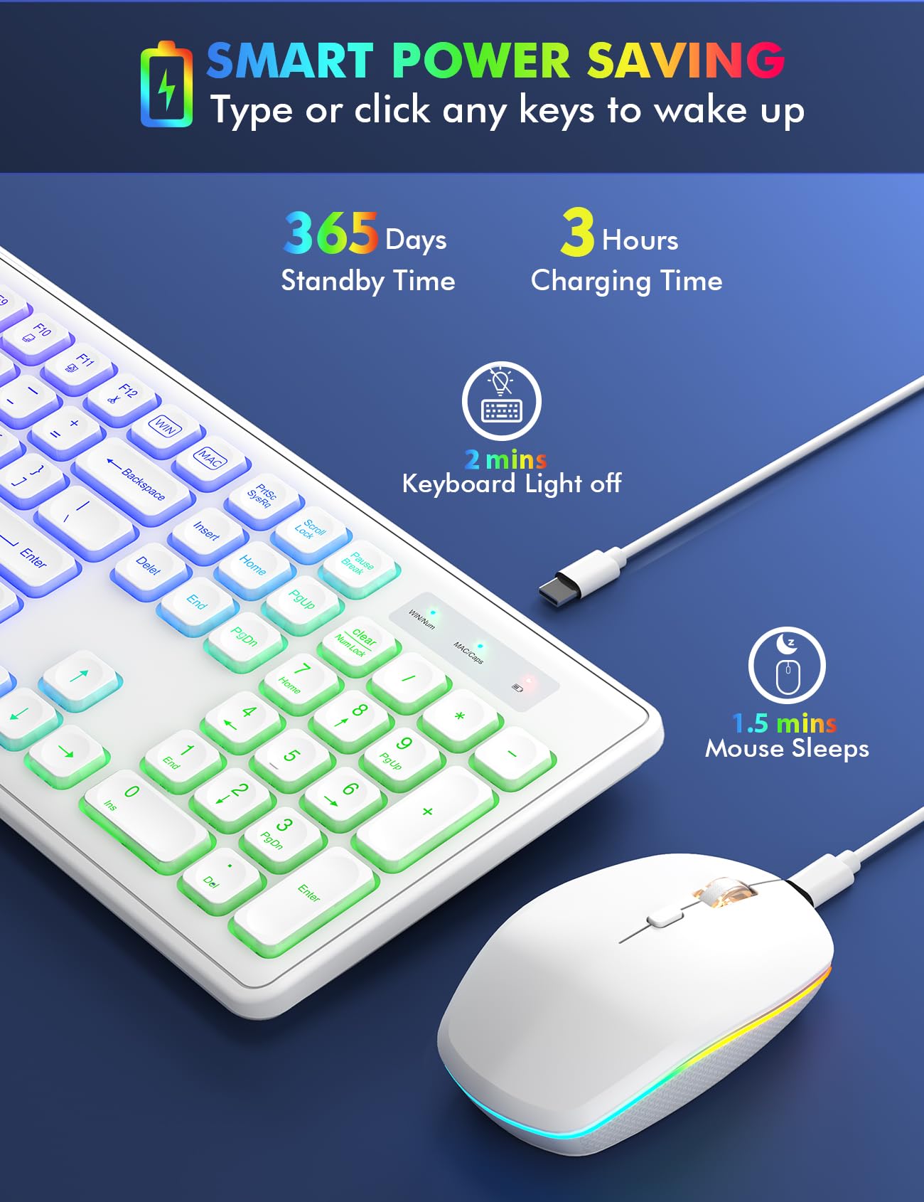 Wireless Keyboard And Mouse   Rgb Backlit, Rechargeable & Light Up Letters, Full Size, Ergonomic Tilt Angle, Sleep Mode, 2.4Ghz Quiet Keyboard Mouse For Mac, Windows, Laptop, Pc, Trueque(White)