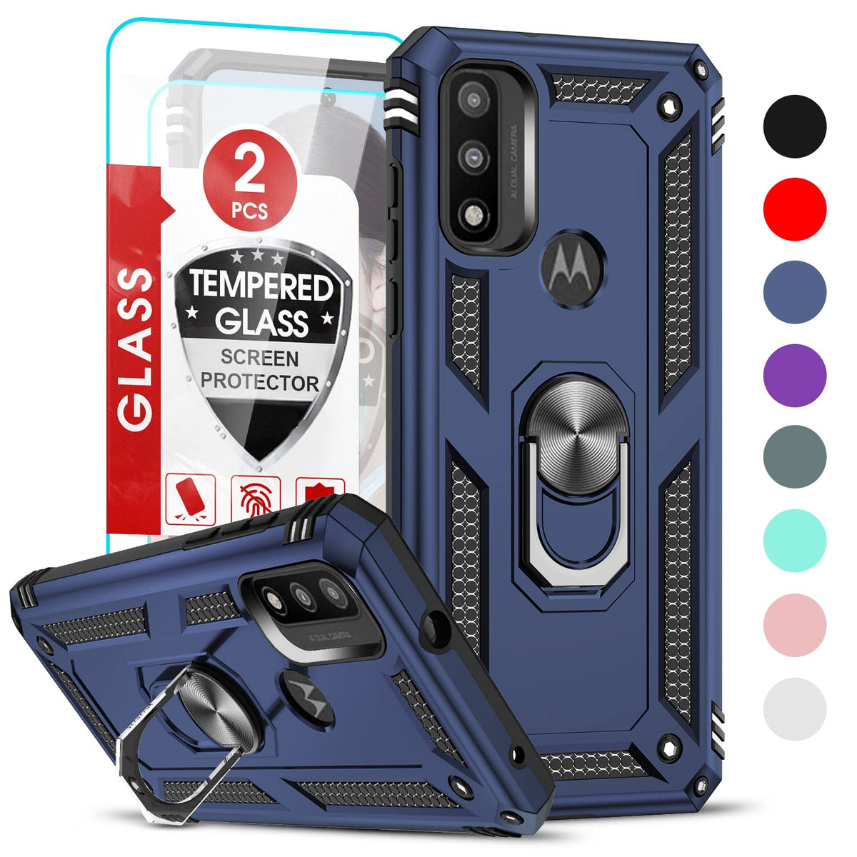 Leyi For Military Grade Motorola G Pure/Power Case 2022/ Moto G Play 2023 Case With Magnetic Ring Kickstand & 2 Tempered Glass S