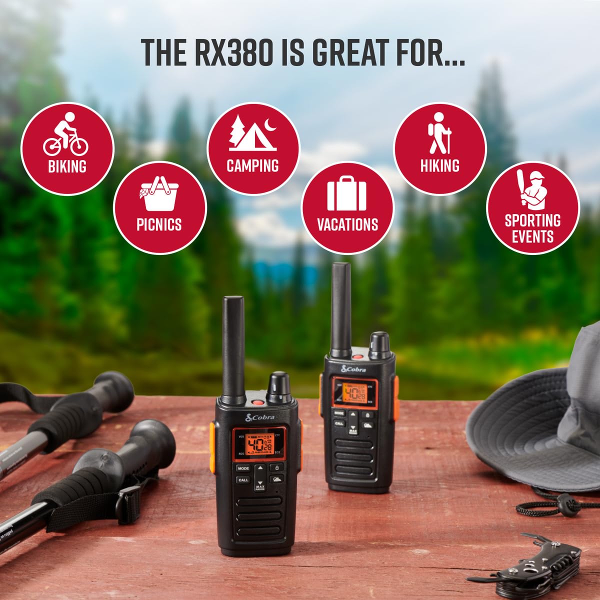 Cobra Rx380 Walkie Talkies   Rechargeable, 40 Preset Channels, Long Range 32 Mile Two Way Radio Set (2 Pack), Black