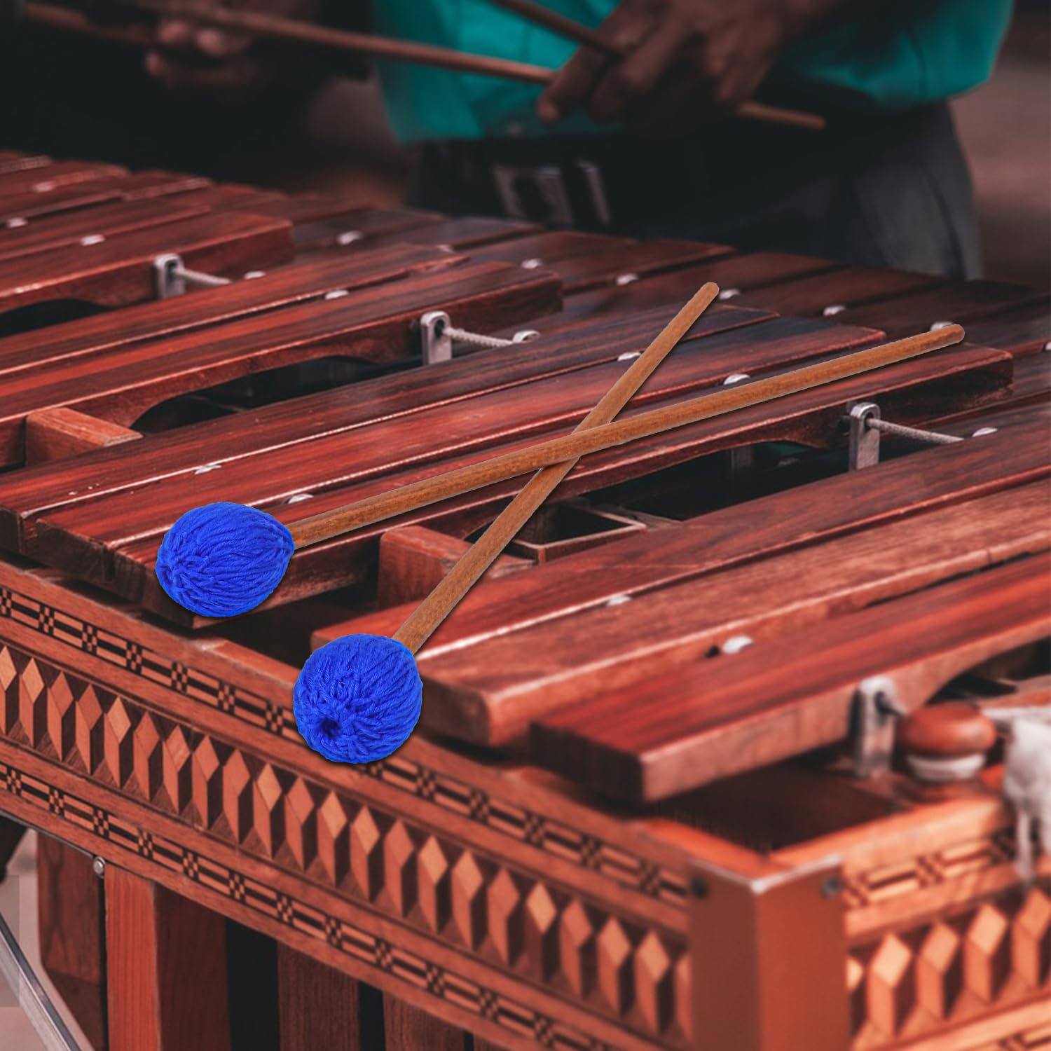 Geytetqi 2 Pair Blue Marimba Mallets   Professional Marimba Mallets Set With Yarn Mallets And Birch Handle, Medium Hard Mallets,
