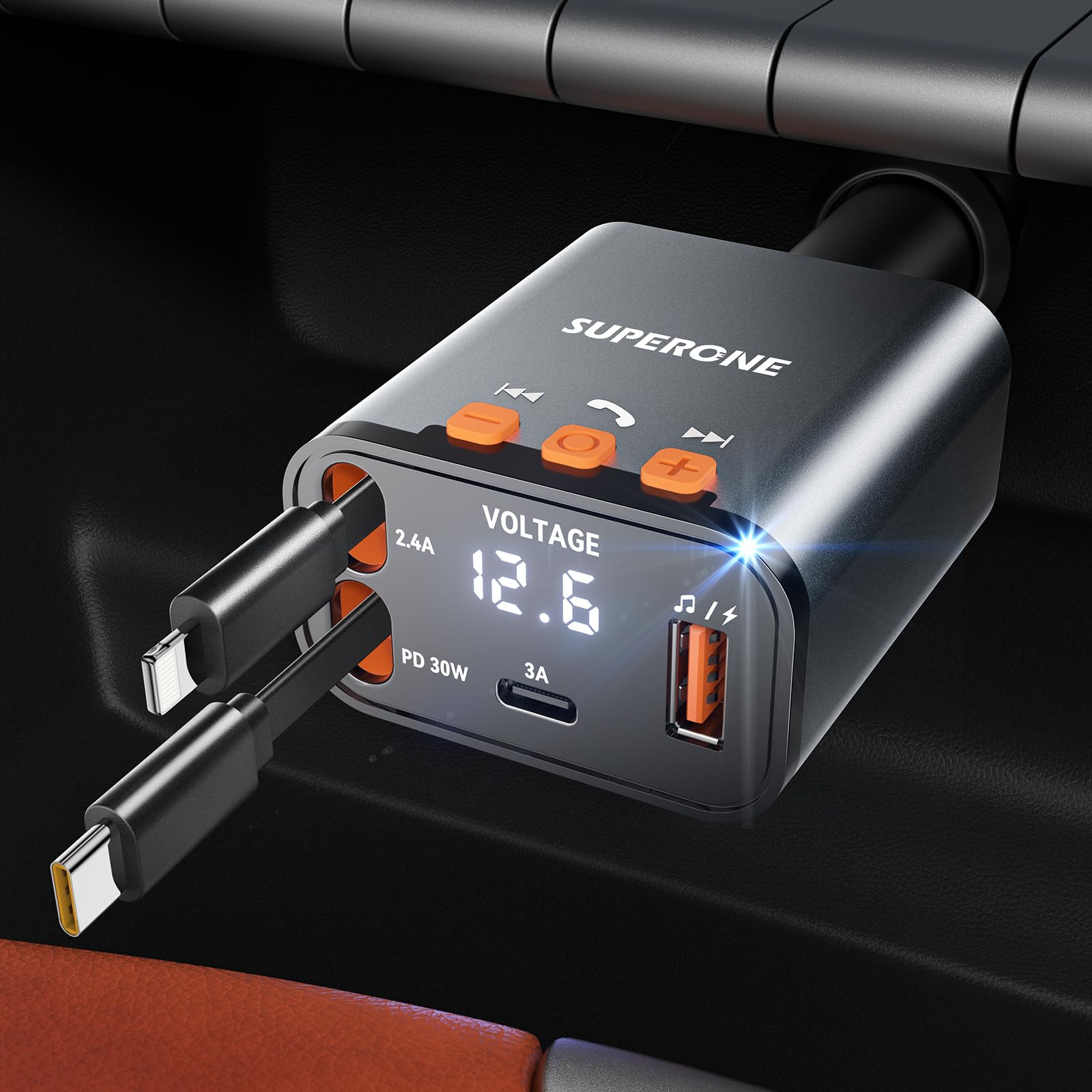 SUPERONE 69W Retractable Car Charger, Compact Bluetooth 5.3 FM Transmitter