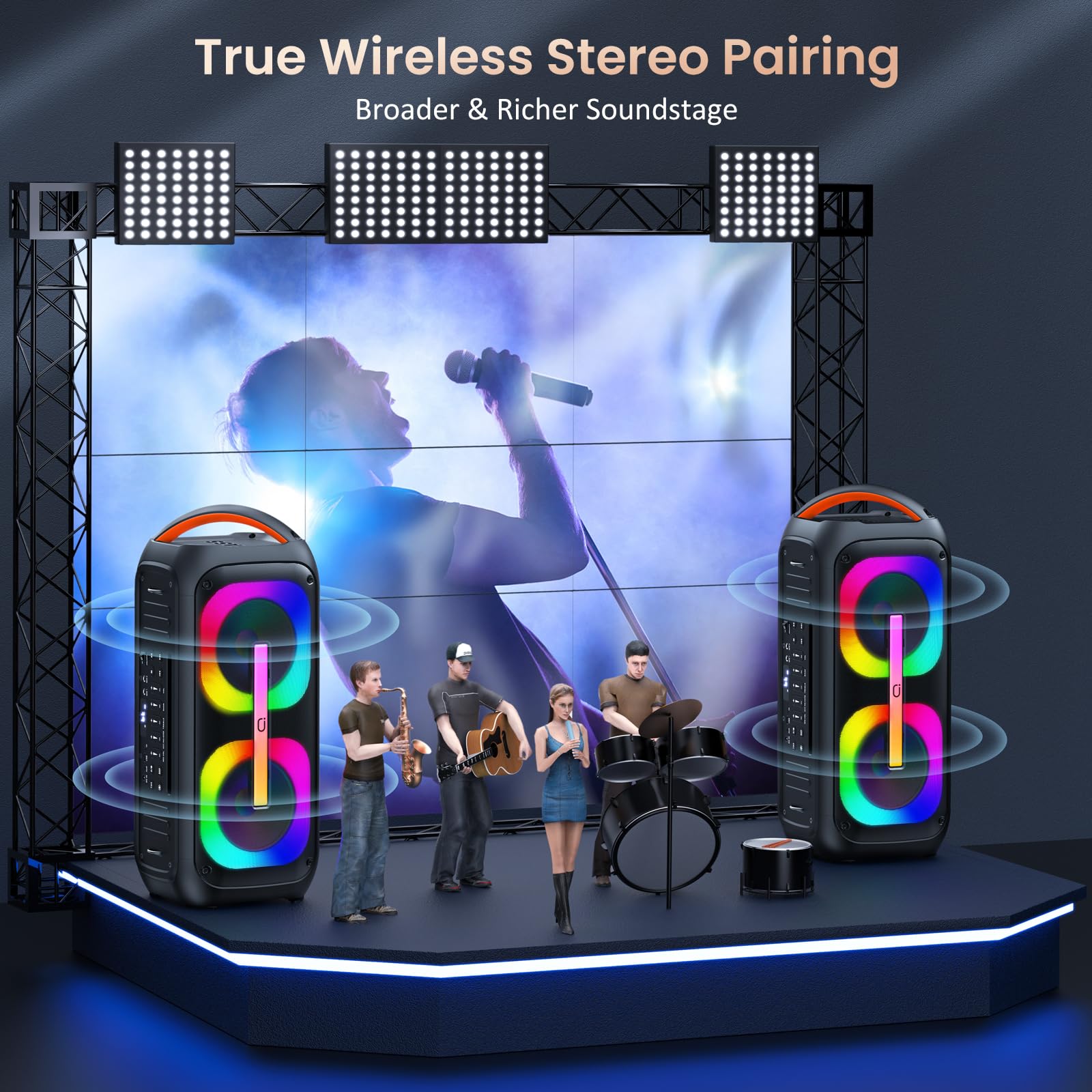 Karaoke Machine With 2 Wireless Microphones, ?Dual 60W 6.5''Subwoofer & 400W Peak?Big Loud Bluetooth Party Speaker With Disco Li