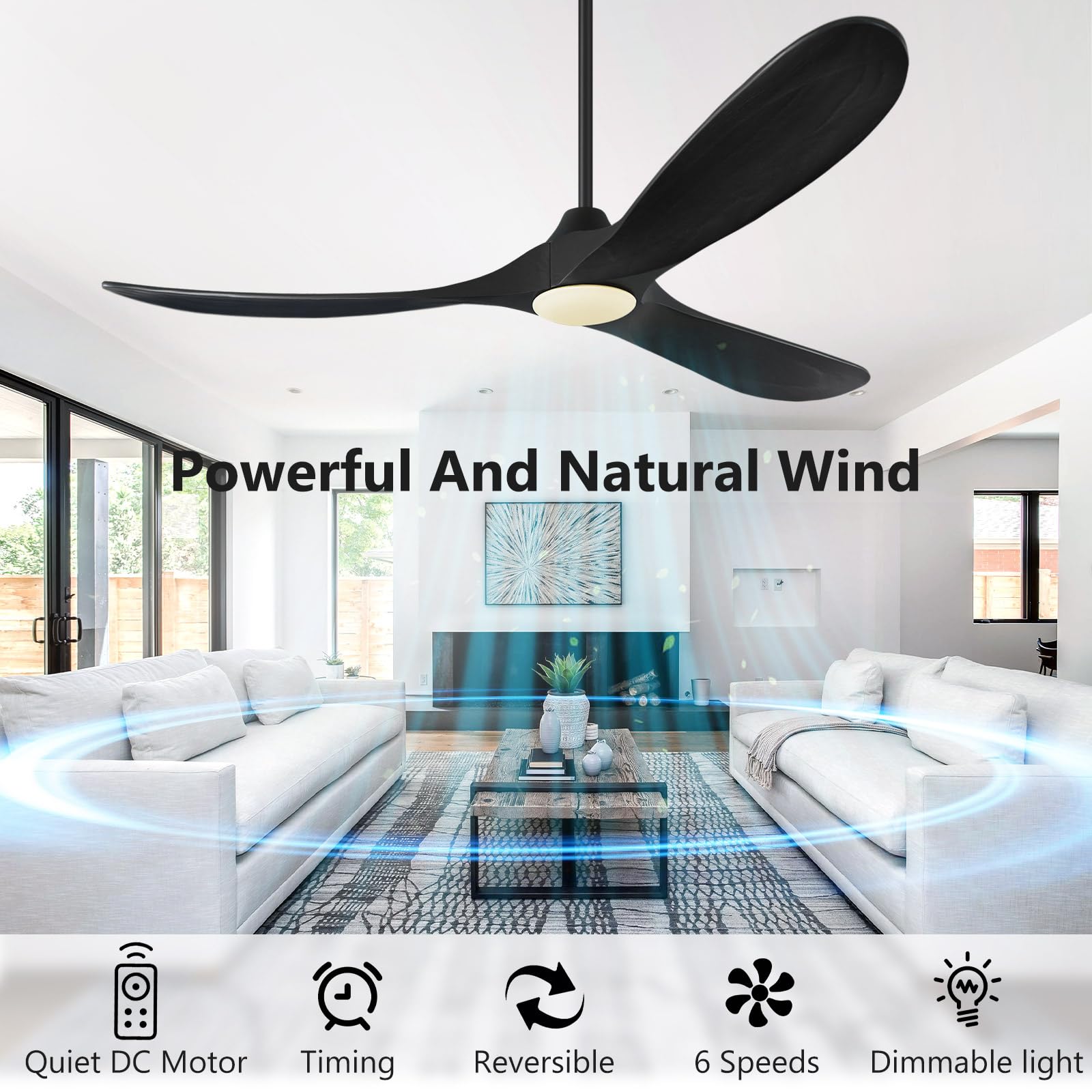 Abz Ceiling Fans With Lights   60 Inch Propeller Ceiling Fan With Remote Control, 3 Blades Black Solid Wood Ceiling Fan For Indo