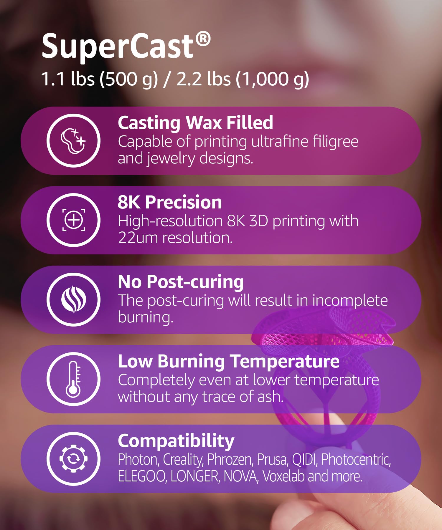 Supercast 8K 3D Printer Resin Wax Filled For Ultrafine Filigree, Jewelry, And Metal Casting, Made In Korea By 3Dmaterials (1000G