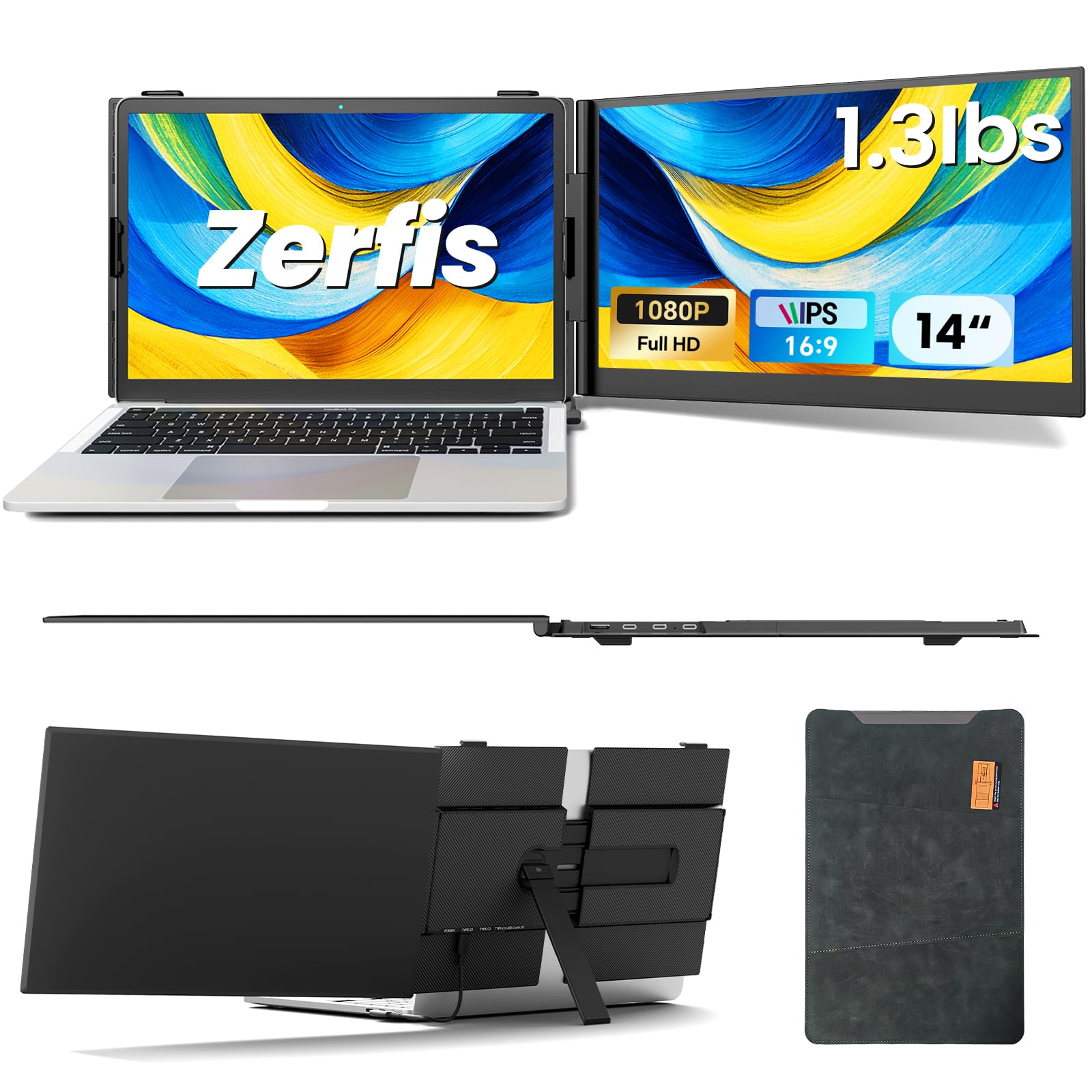 Zerfis Laptop Screen Extender, Ultra-Thin 14  FHD 1080P Portable Monitor for Laptop, 1.3lbs Lightweight Dual Monitor Extender Pl