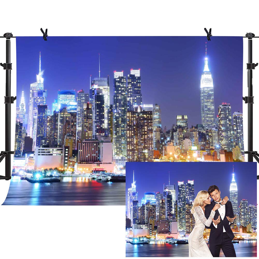 Mtmety New York City Backdrop Manhattan Night Scene Skyscraper Urban Light Background Video Studio Photo (Vinyl 10X7Ft)