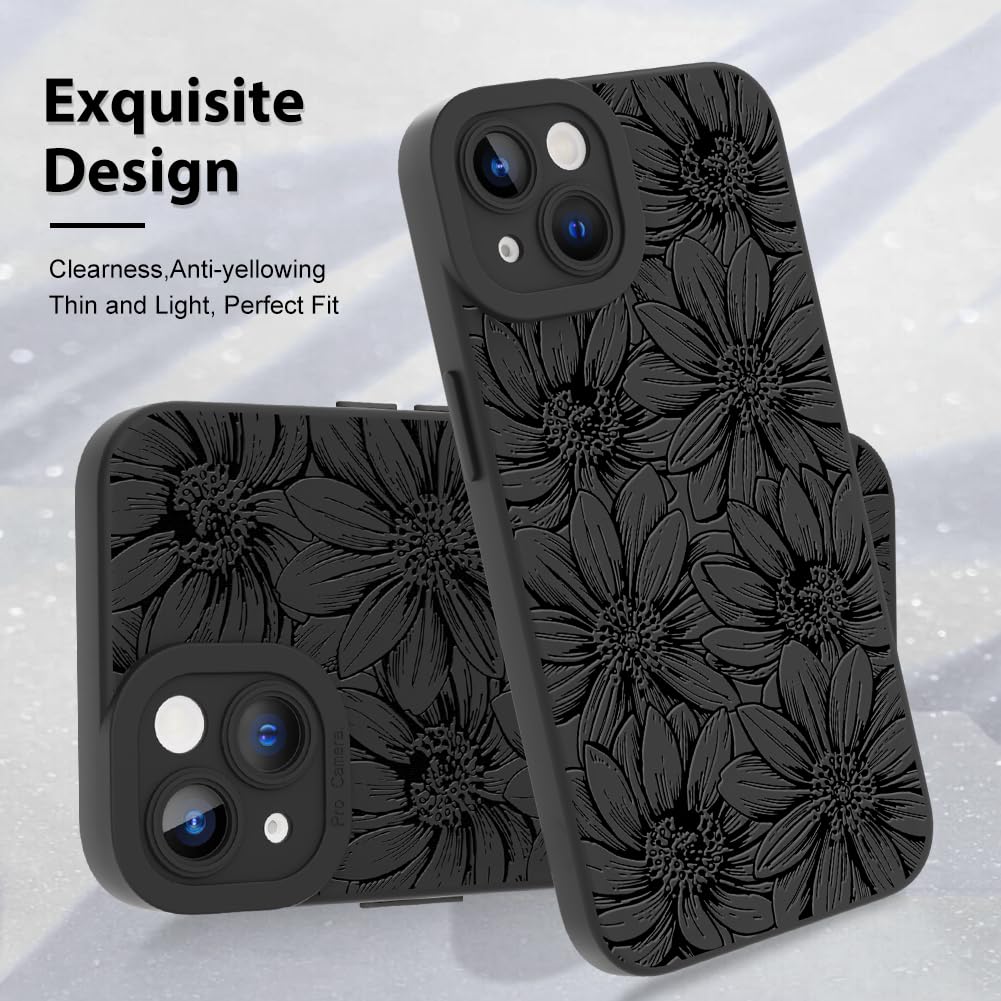 Mzelq For Iphone 15 Case, Silicone Black Floral Flowers Sunflowers Cute Pattern, Camera Protection Soft Slim Phone Case For Ipho