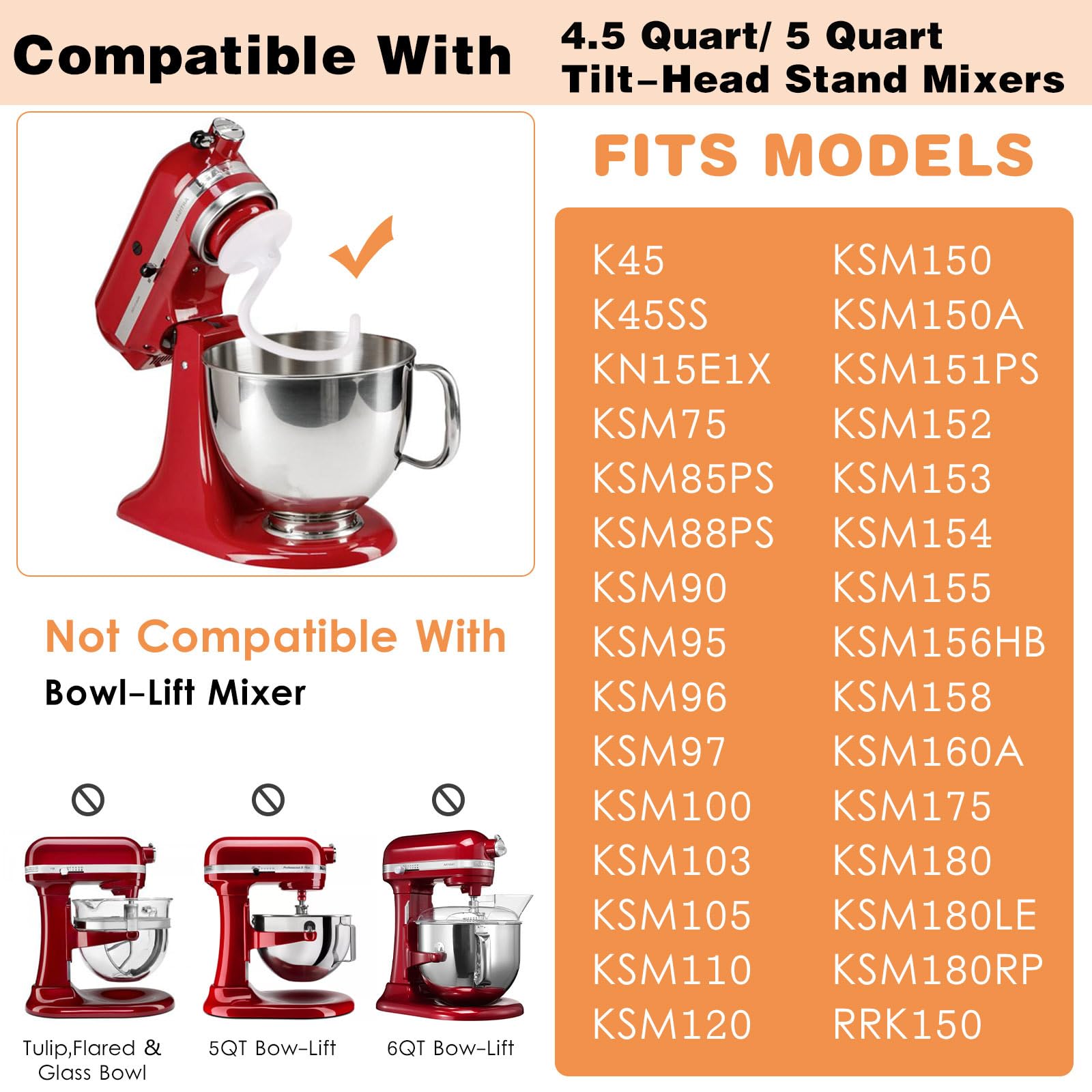 K45Dh Coated Dough Hook For Kitchenaid Mixer, Accessories And Attachments For K45 K45Ss Ksm90 Ksm150 Fits Kitchen Aid Tilt Head