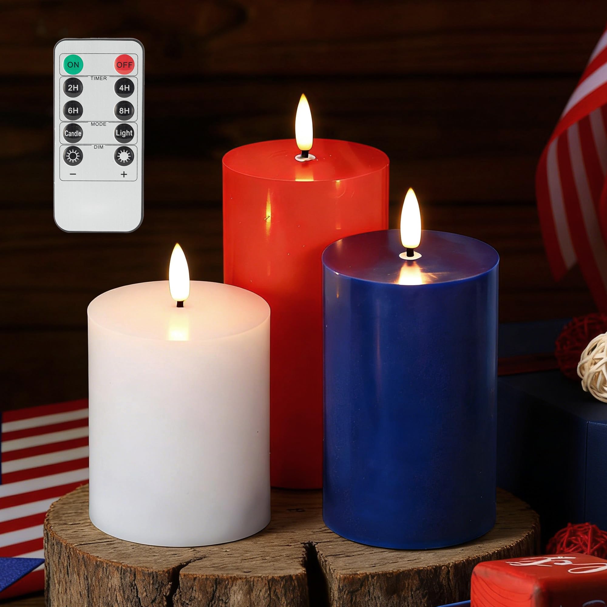 JOIONE 4th of July Red White and Blue Flameless Pillar Candles with Remote, 3 Pack Patriotic Battery Operated Real Wax LED Candl